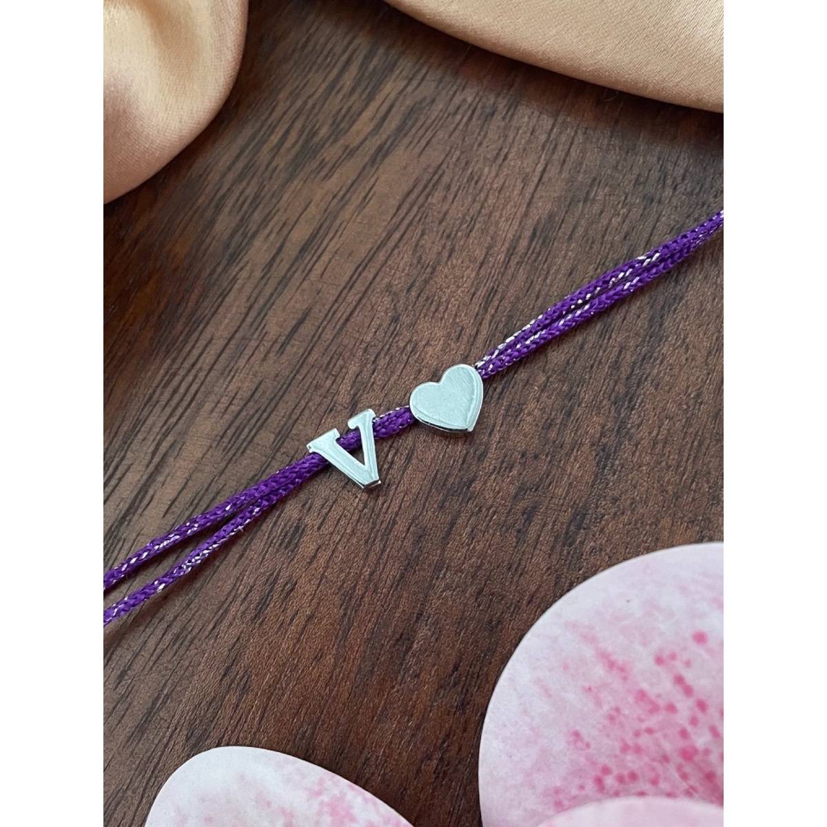 Digital Dress Room V Letter Silver Heart Charm Theard Rakhi
