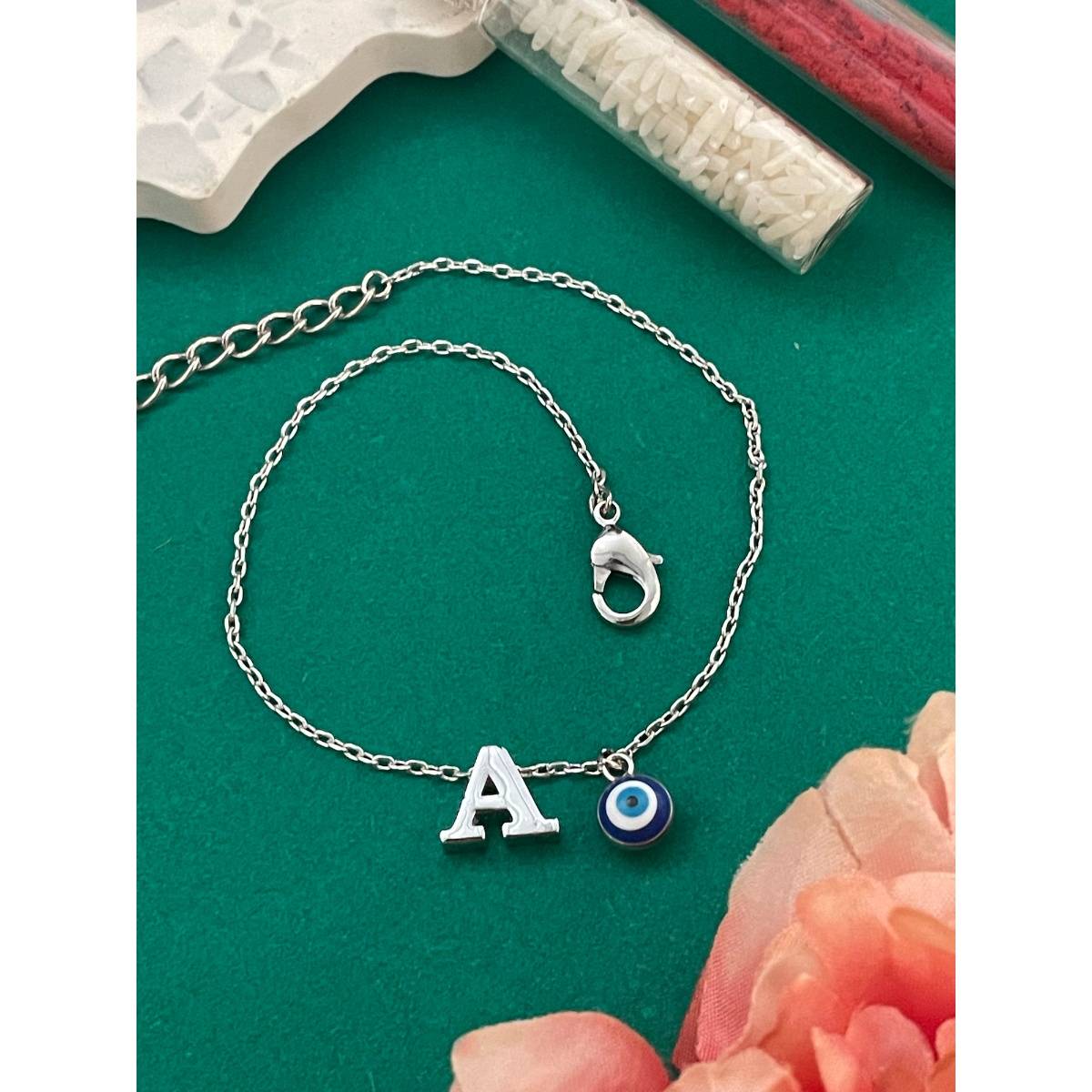 Digital Dress Room Silver A Letter Evil Eye Bracelet Rakhi