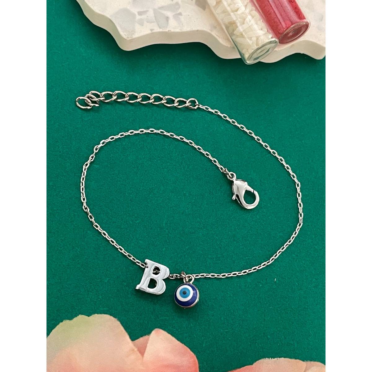 Digital Dress Room Silver B Letter Evil Eye Bracelet Rakhi
