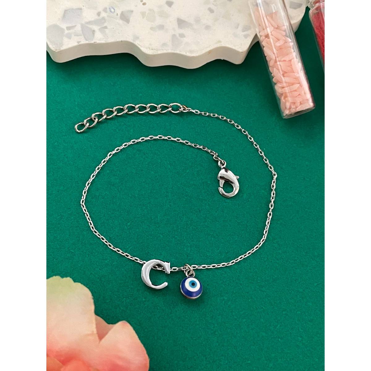 Digital Dress Room Silver C Letter Evil Eye Bracelet Rakhi