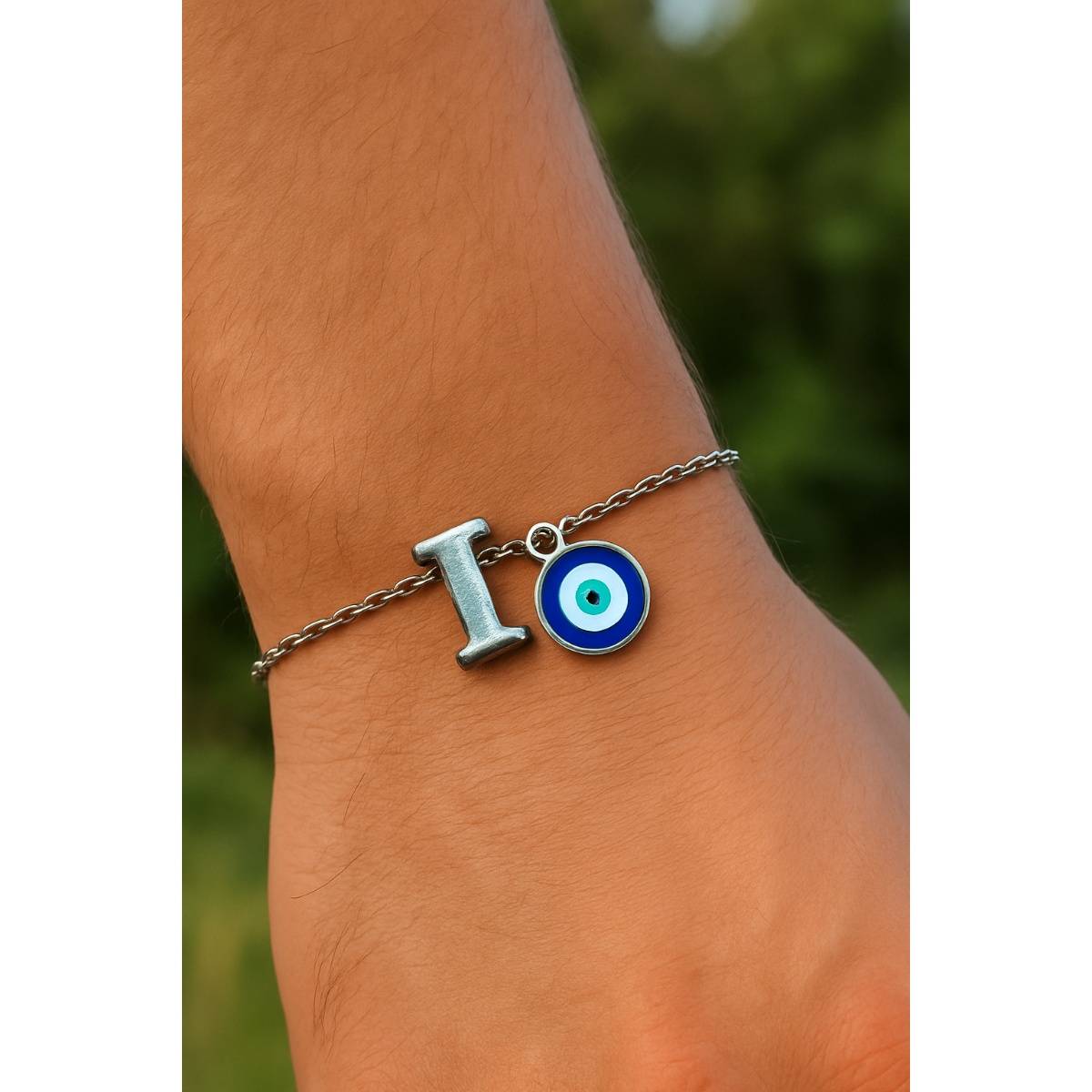 Digital Dress Room Silver I Letter Evil Eye Bracelet Rakhi