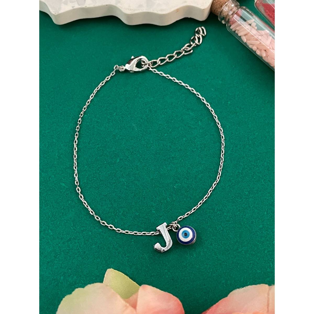 Digital Dress Room Silver J Letter Evil Eye Bracelet Rakhi