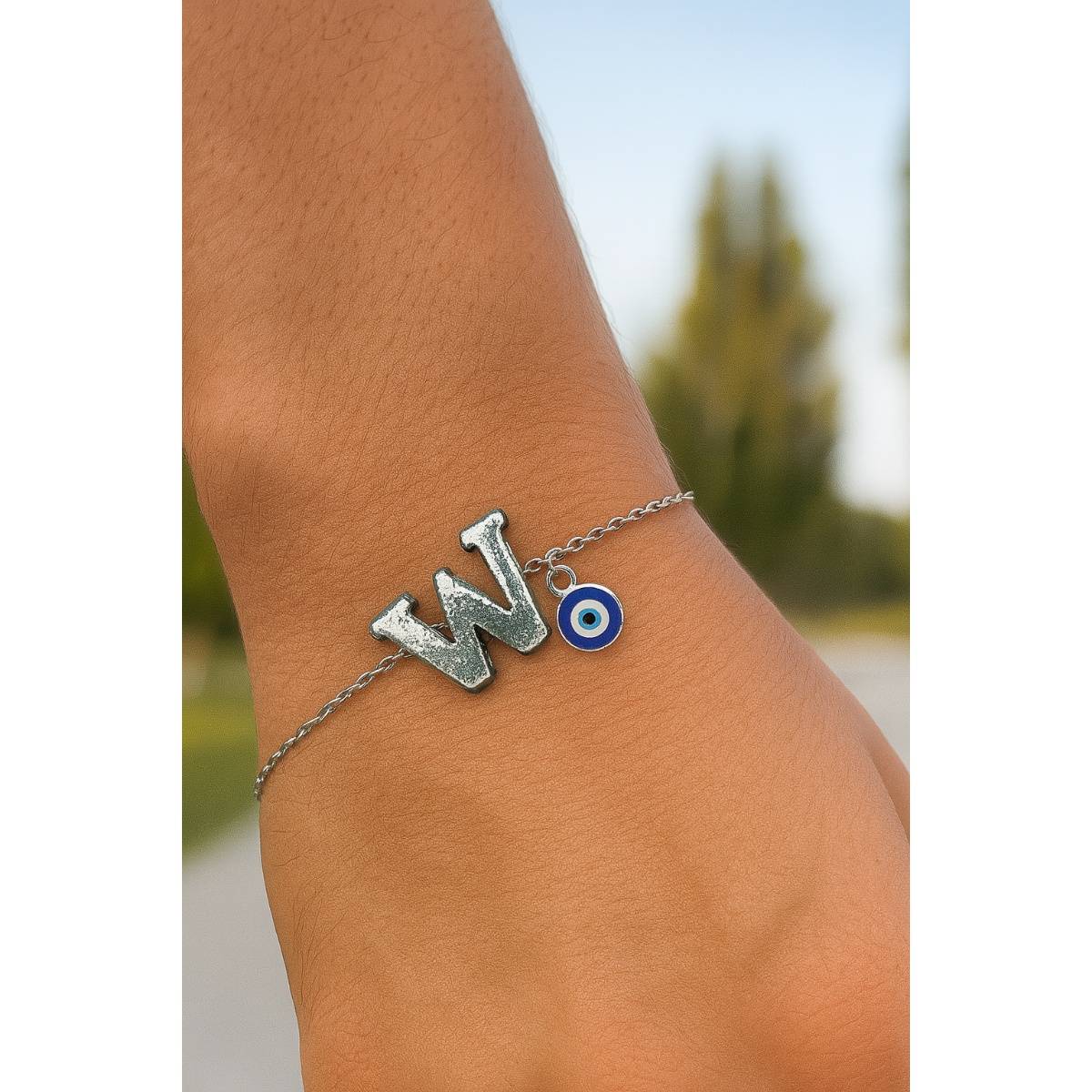 Digital Dress Room Silver W Letter Evil Eye Bracelet Rakhi