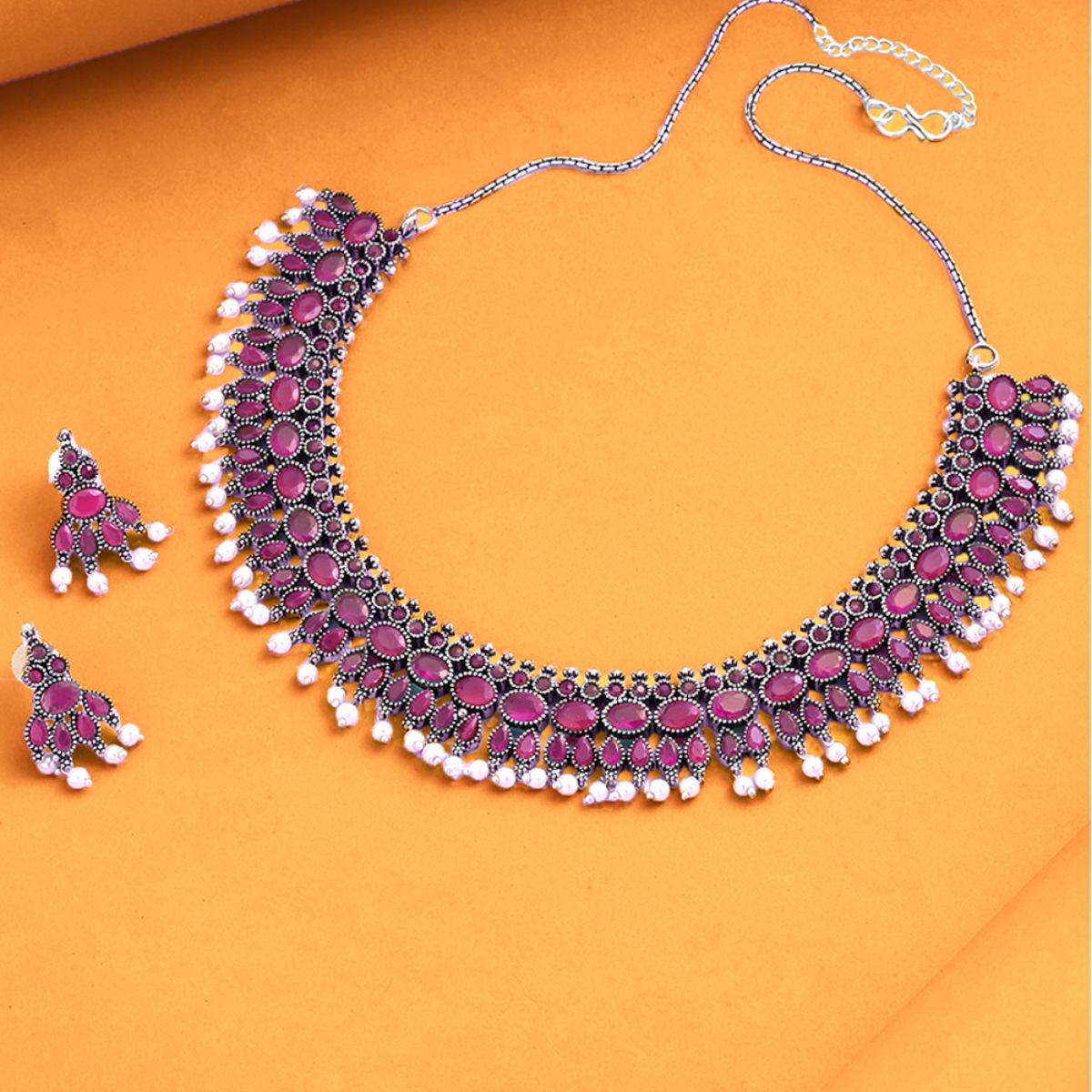 Yellow Chimes Silver Oxidised Studded Stone Pink Choker Necklace Set