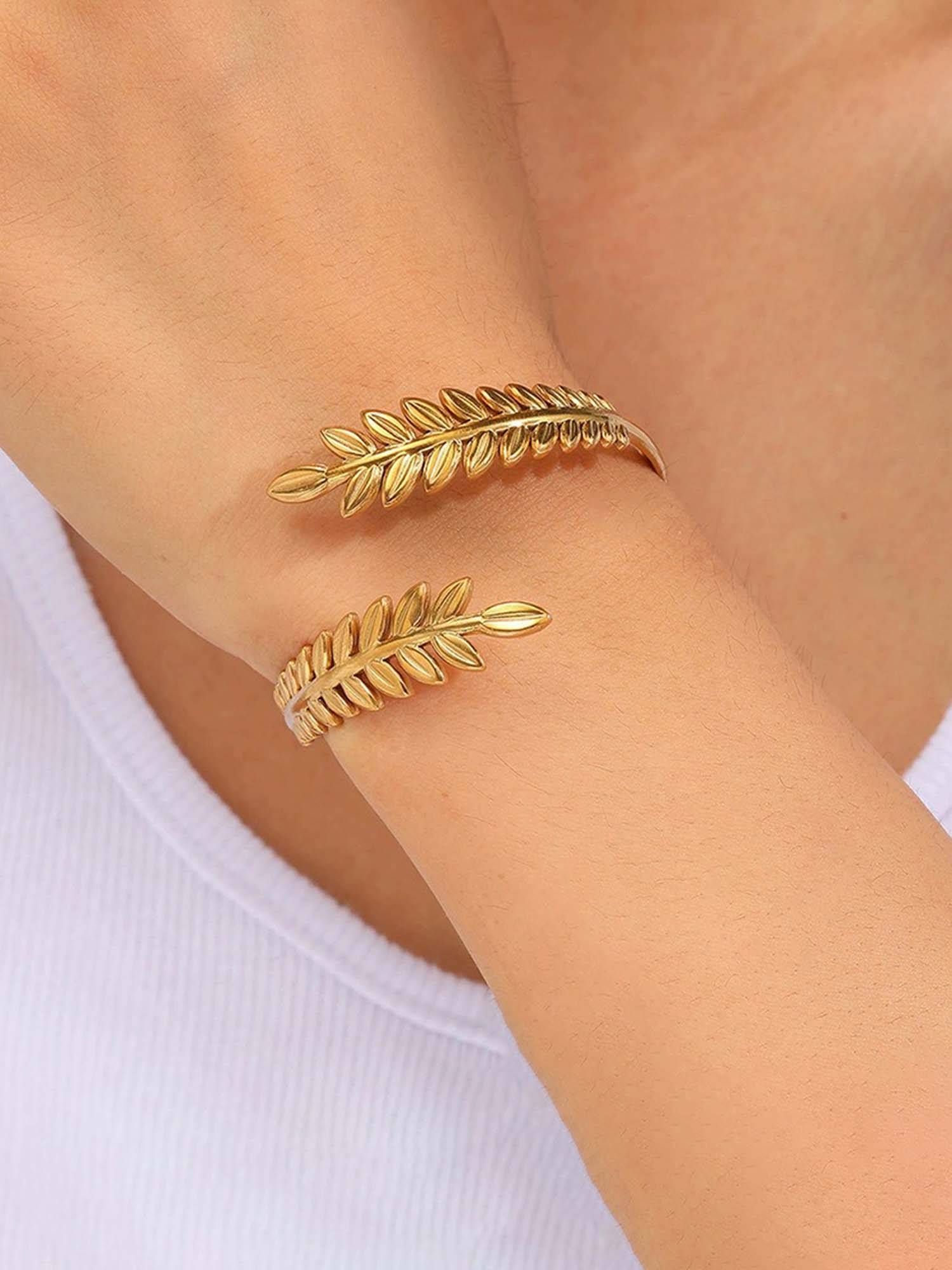 Jewels Galaxy Gold Plated Stainless Steel Leaf Themed Cuff