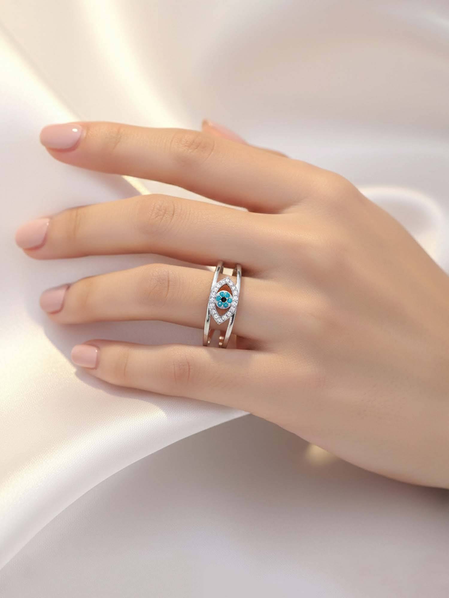 Jewels Galaxy Silver Plated Style Evil Eye Themed Adjustable Ring