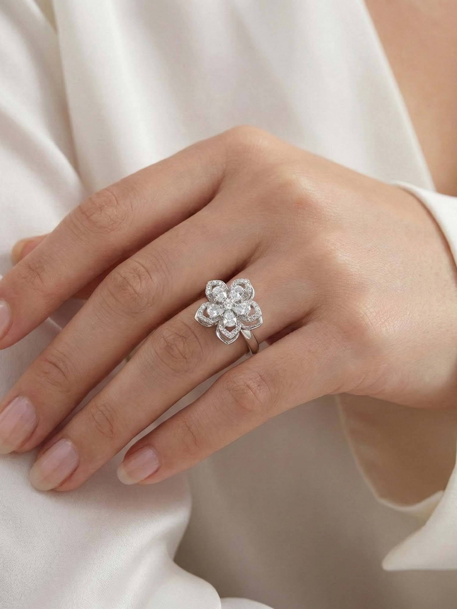 Jewels Galaxy Silver Plated Star Themed White Rotatable Adjustable Ring