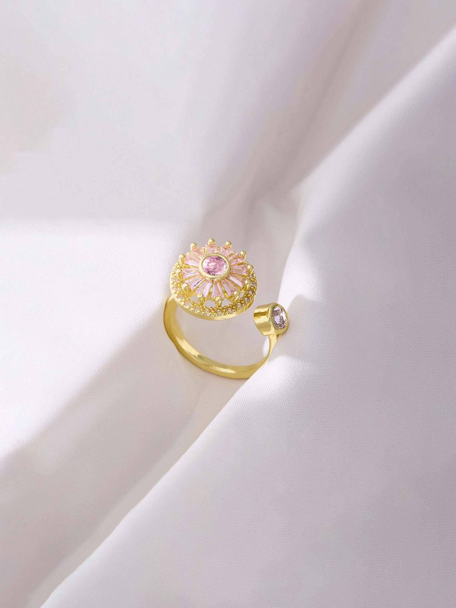 Jewels Galaxy Gold Plated Round Shape Pink Rotatable Adjustable Ring