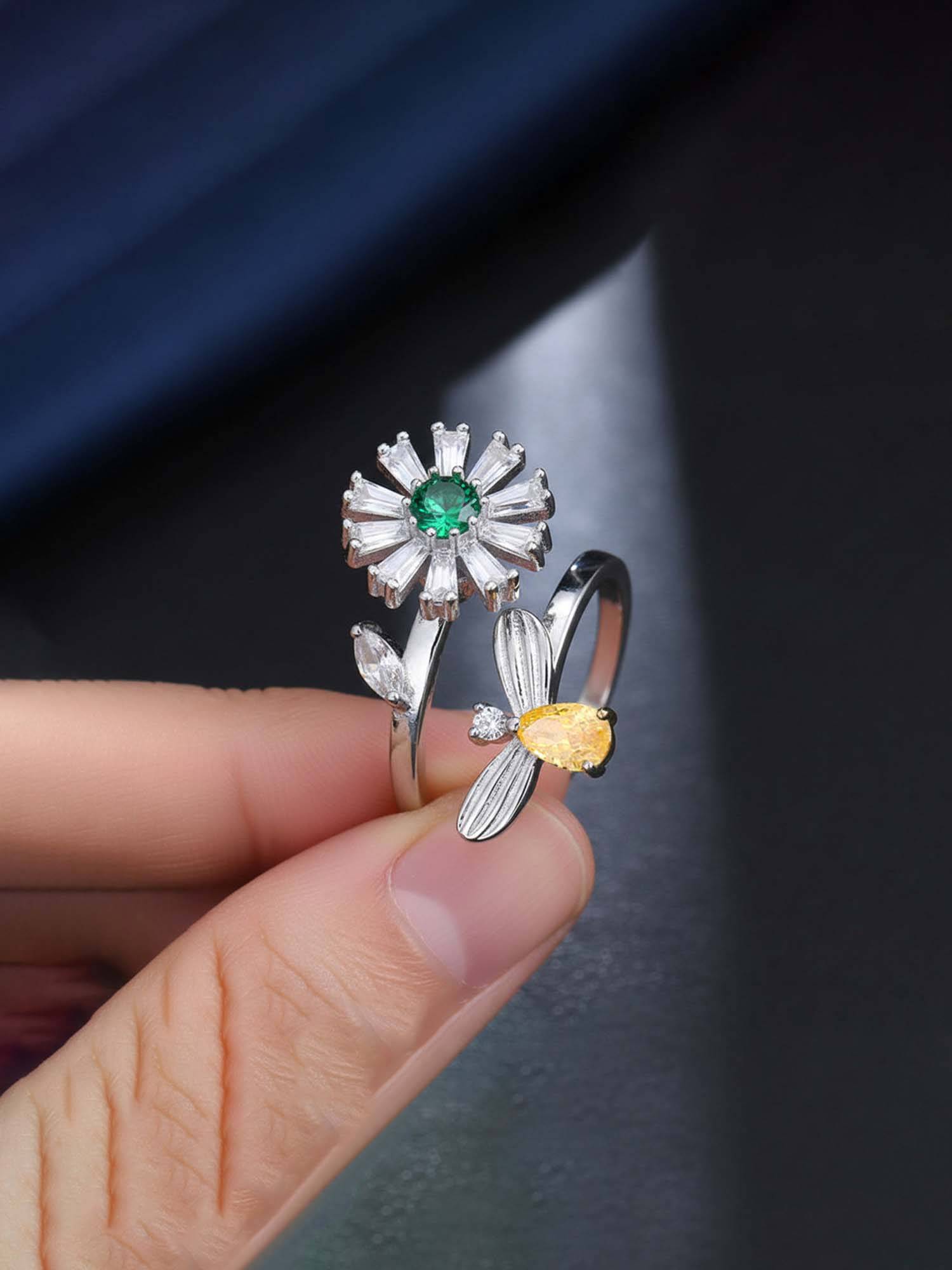 Jewels Galaxy Silver Plated Floral Style Multi-Color Rotatable Adjustable Ring