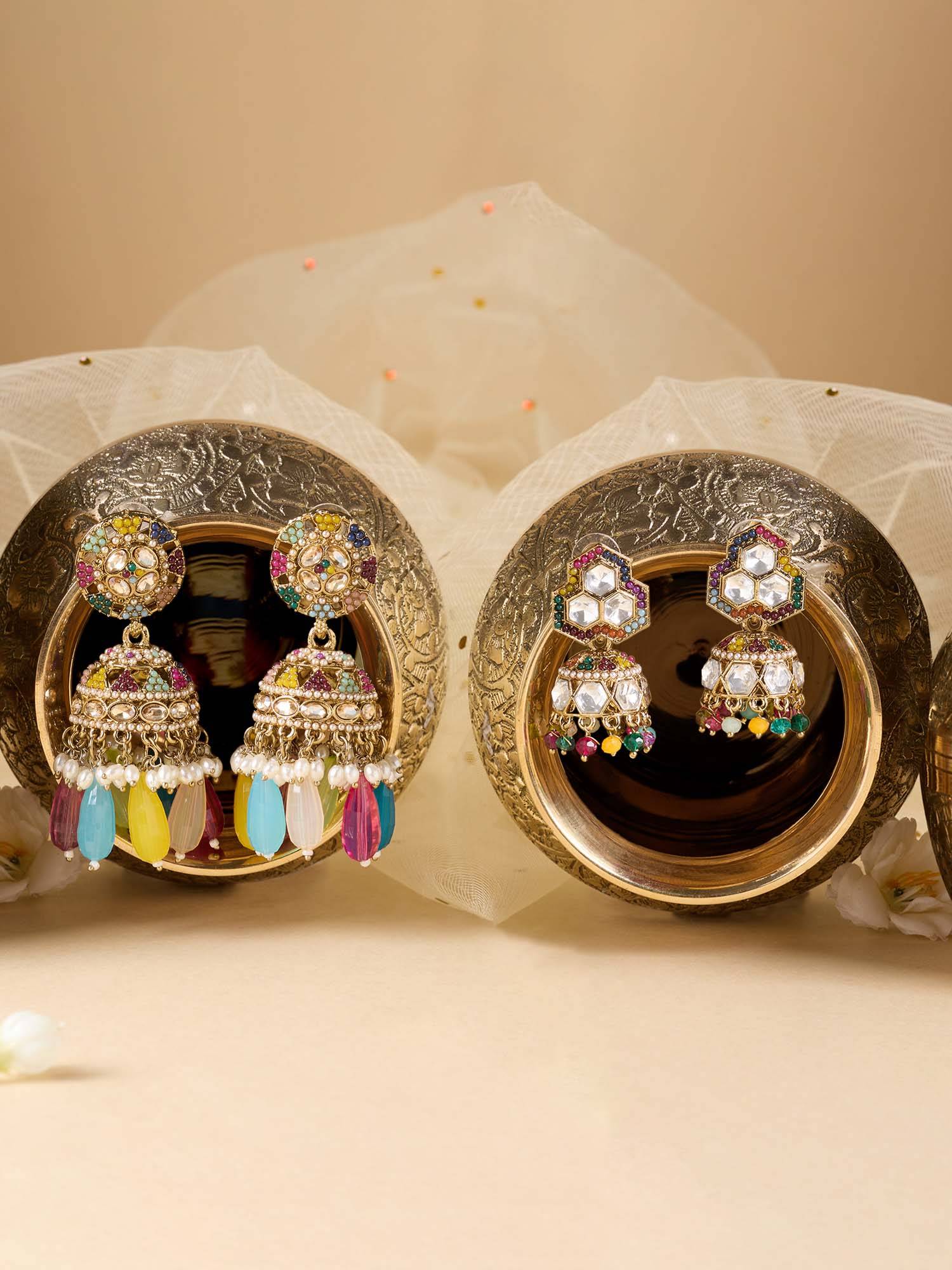 Zaveri Pearls Multi-Color Stones Beads Antique Jhumka Earrings (Pack of 2)