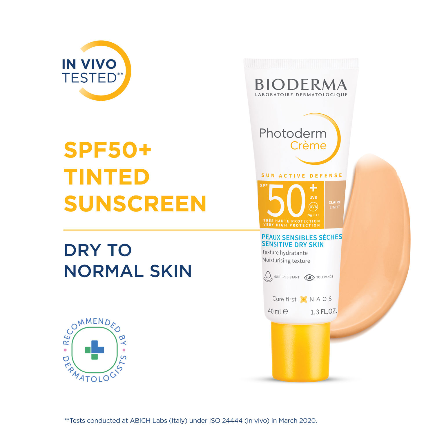 Bioderma Photoderm Crème Claire SPF 50+ PA++++ Tinted Sunscreen with 8H Hydration | In Vivo Tested