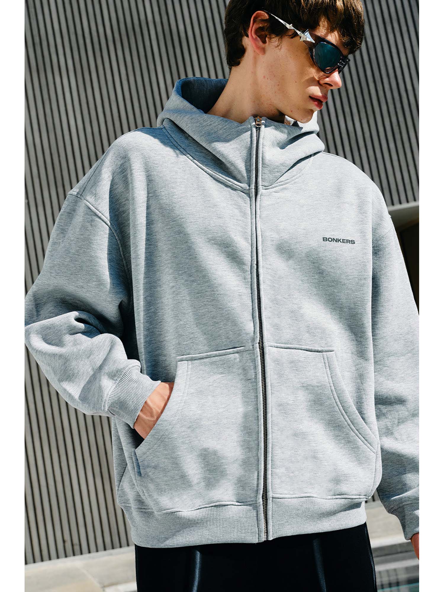 Buy Bonkers Corner Grey Melange Classic Zip Hoodie for Men Online
