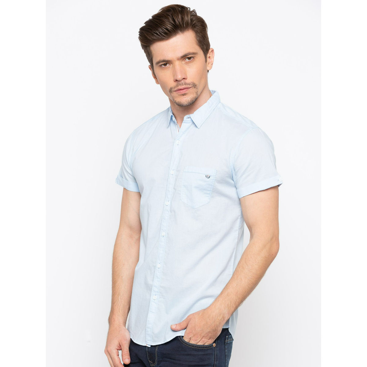 Buy Spykar Blue Cotton Slim Fit Shirts For Men Online