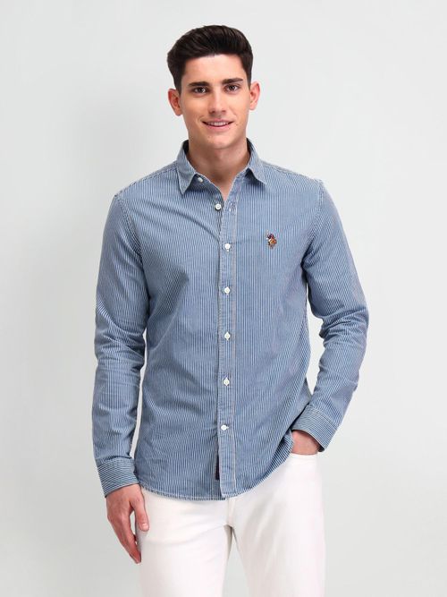 Buy Polo Denim Stripes Blue Full Sleeves Collar