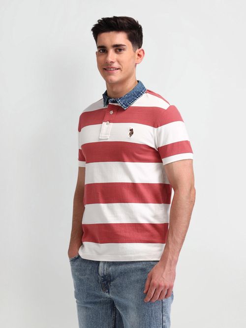 Buy Polo Denim Stripes Red White Half Sleeves