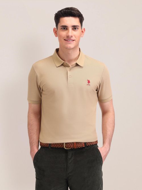 Buy POLO Solid Beige Half Sleeves Polo T-Shirt Online