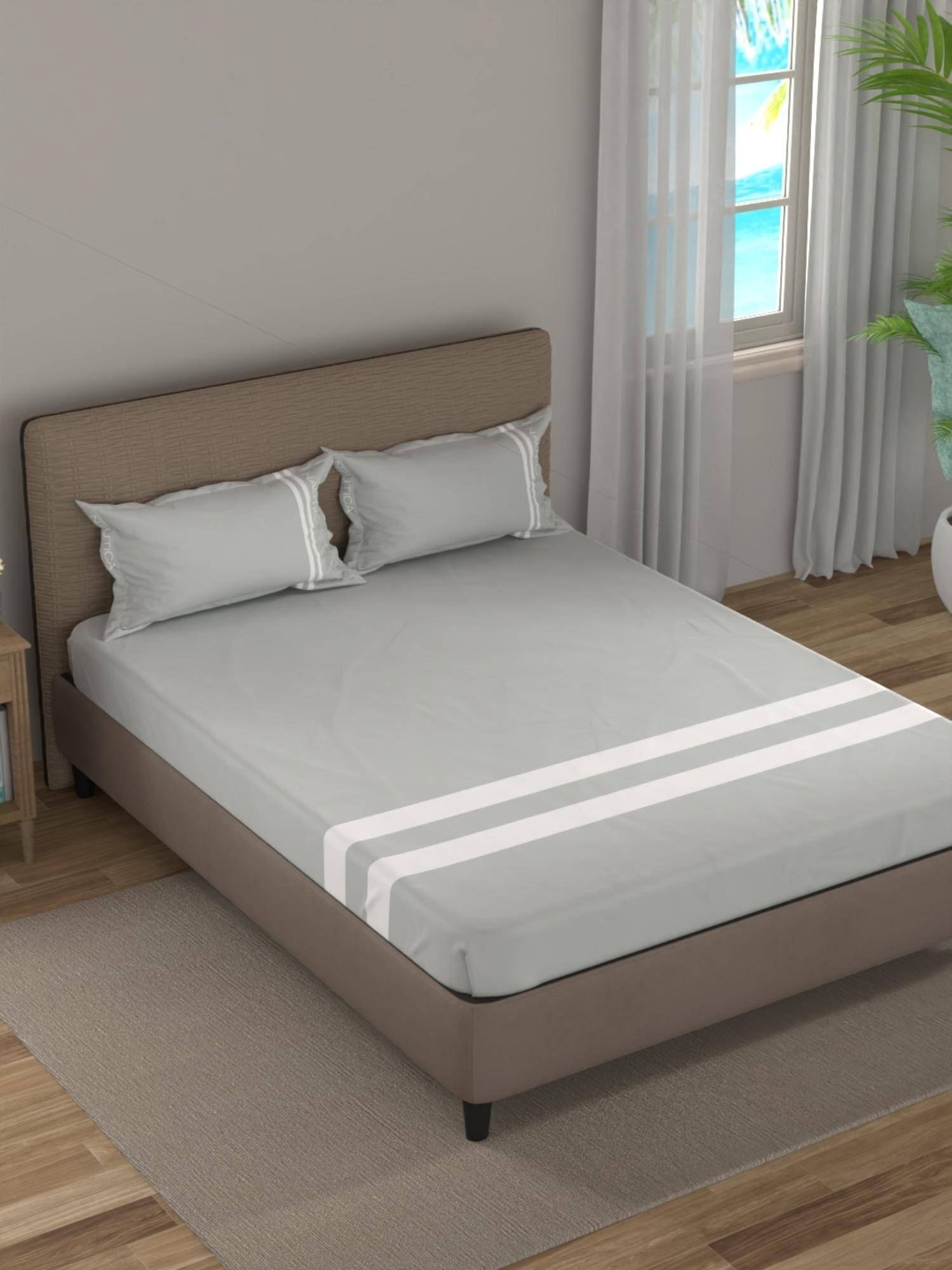 Nautica Grey Satin Fitted Cotton Bedsheet with 2 Pillow Covers (King)