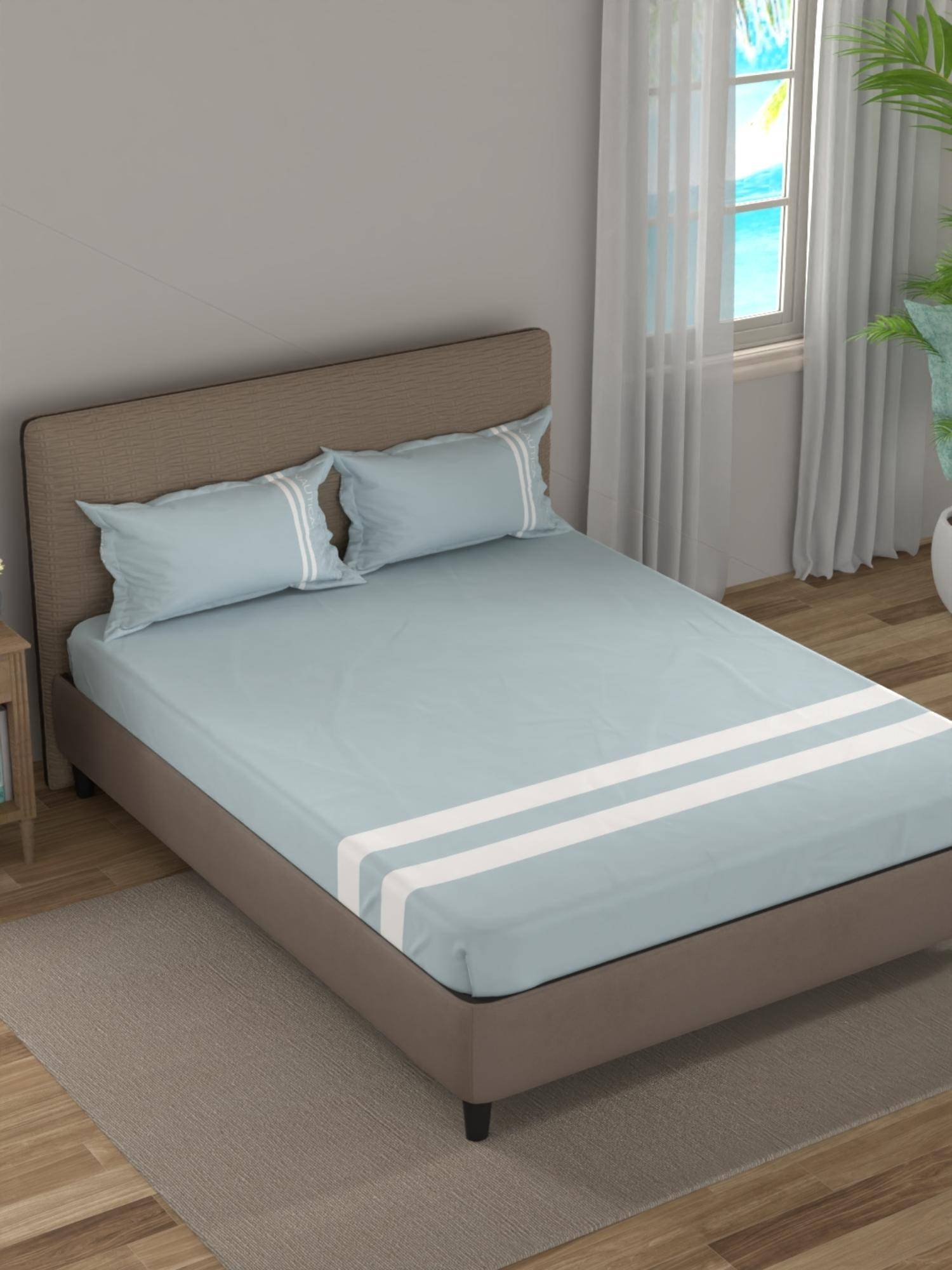 Nautica Blue Satin Cotton Bedsheet with 2 Pillow Covers (King)