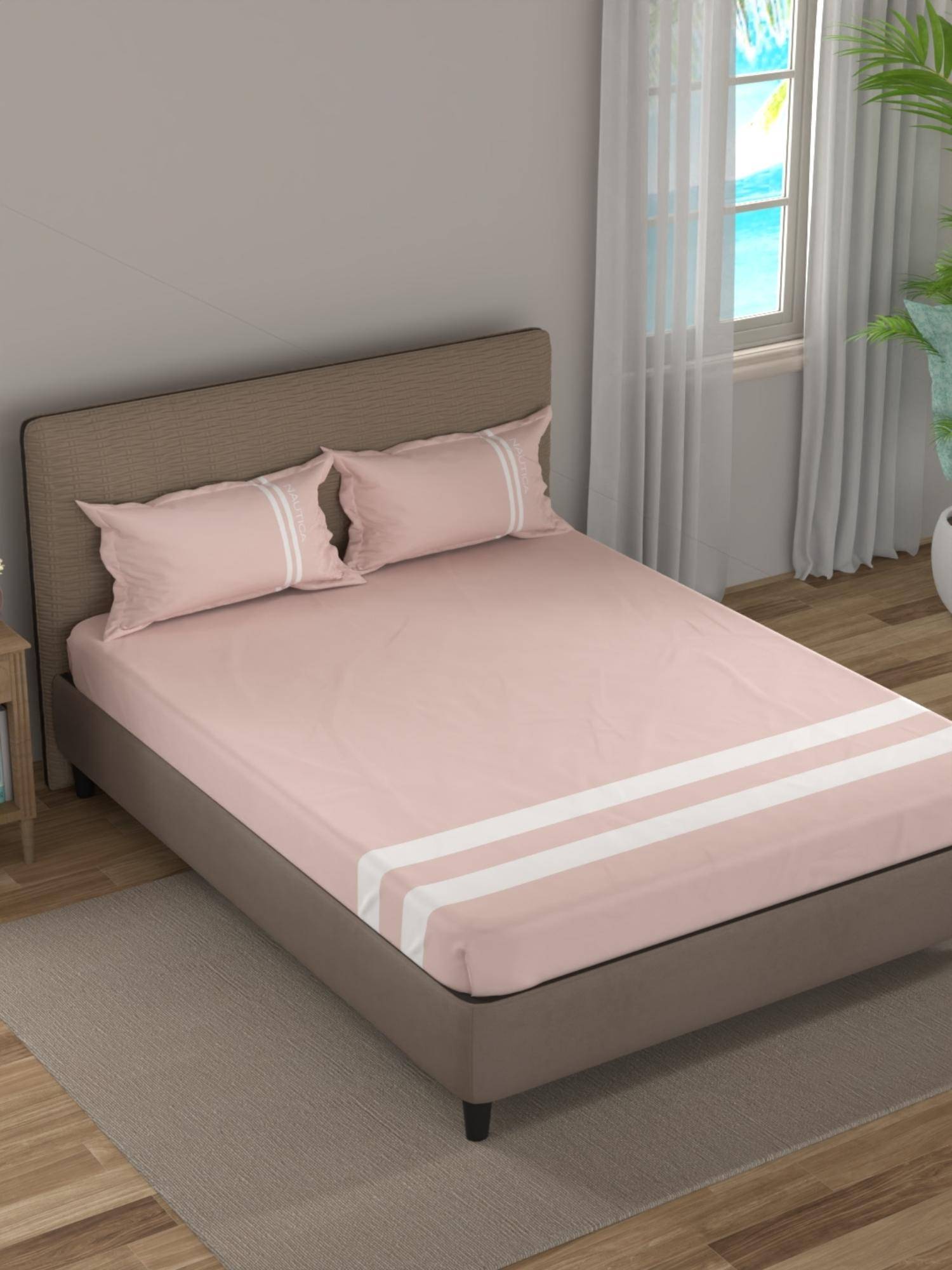 Nautica Pink Satin Cotton Bedsheet with 2 Pillow Covers (King)