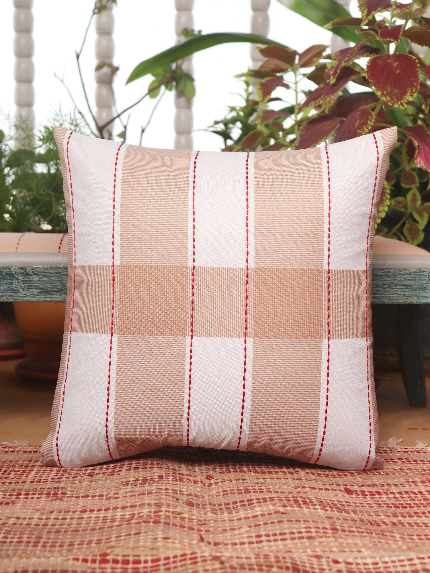 Zeba World Beige Chawal Taka Checked Cream Poly Canvas Cushion Cover (16 x 16 Inches)