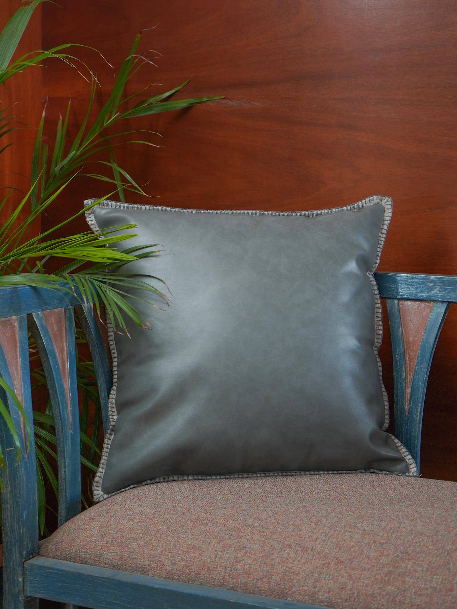 Zeba World Grey Flat Piped Leather Cushion Cover (18 x 18 Inches)