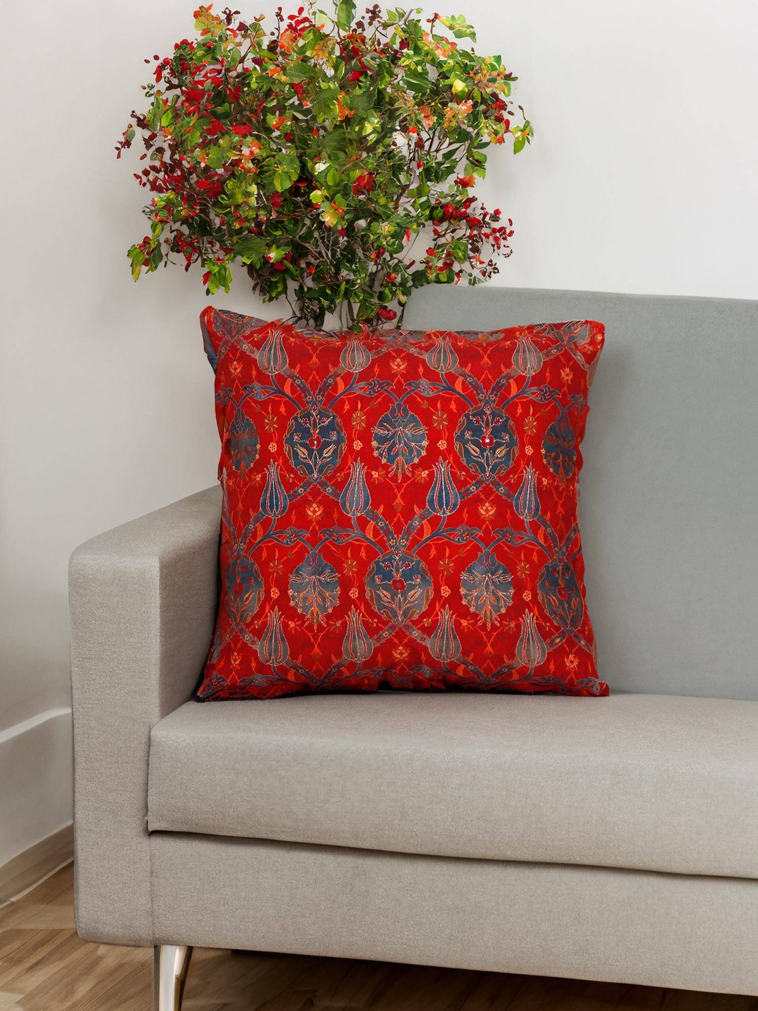 Zeba World Red Floral Printed Silver Embroidered Polycotton Cushion Cover (16 x 16 Inches)