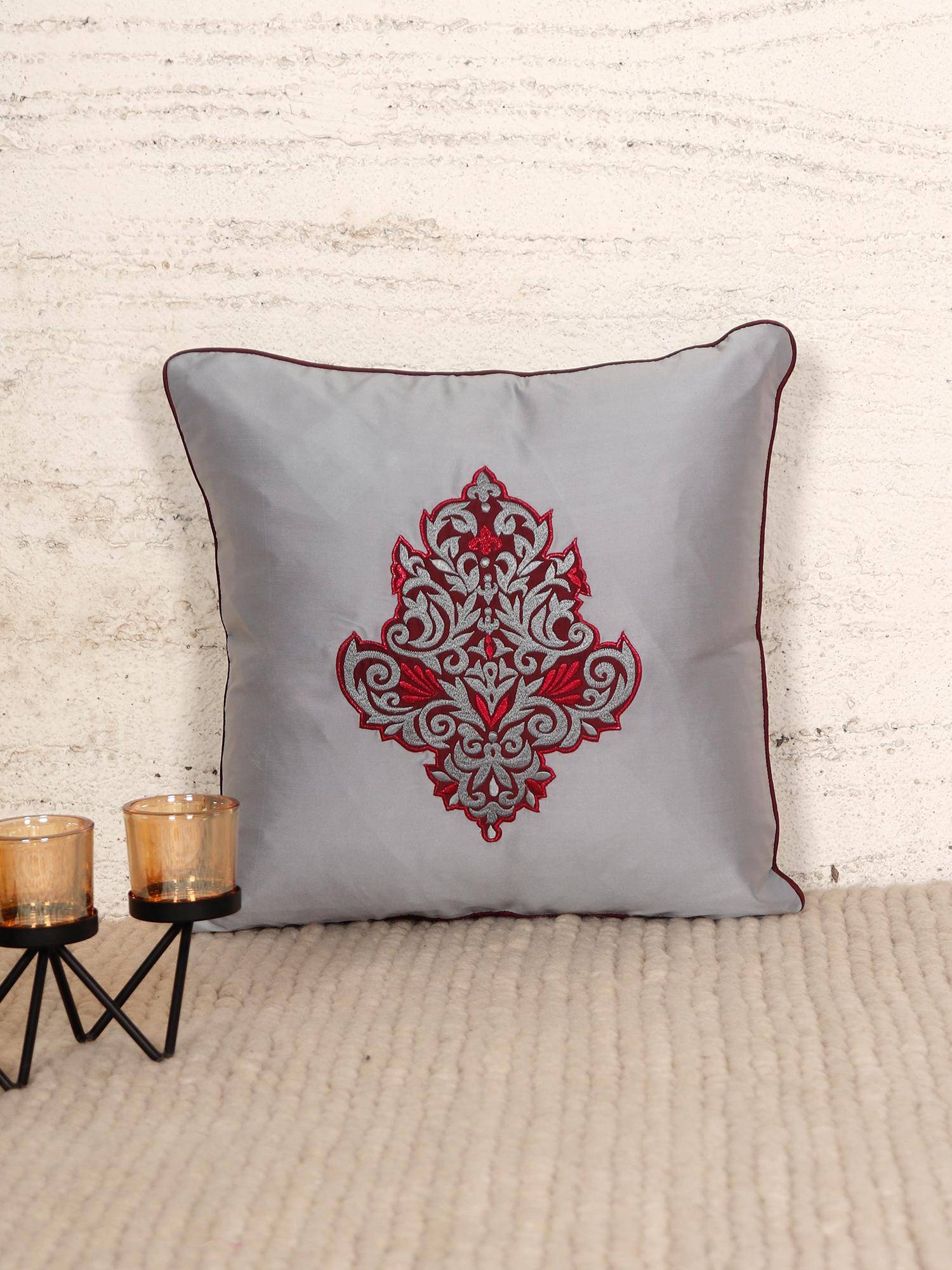 Zeba World Silver Arabesque Motif Embroidered Polyester Cushion Cover (16 x 16 Inches)