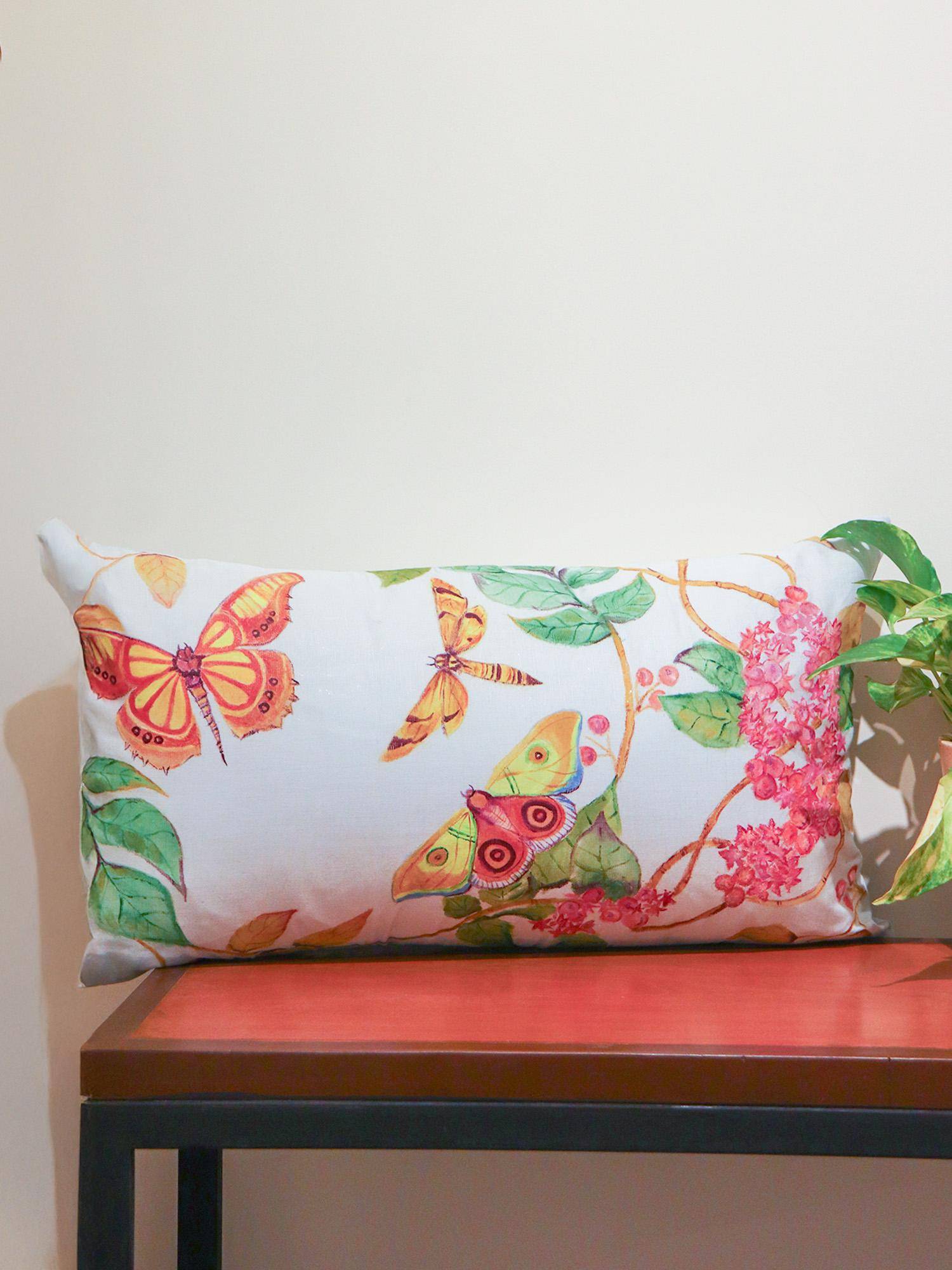 Zeba World White Floral Painted Linen Cushion Cover (12 x 22 Inches )