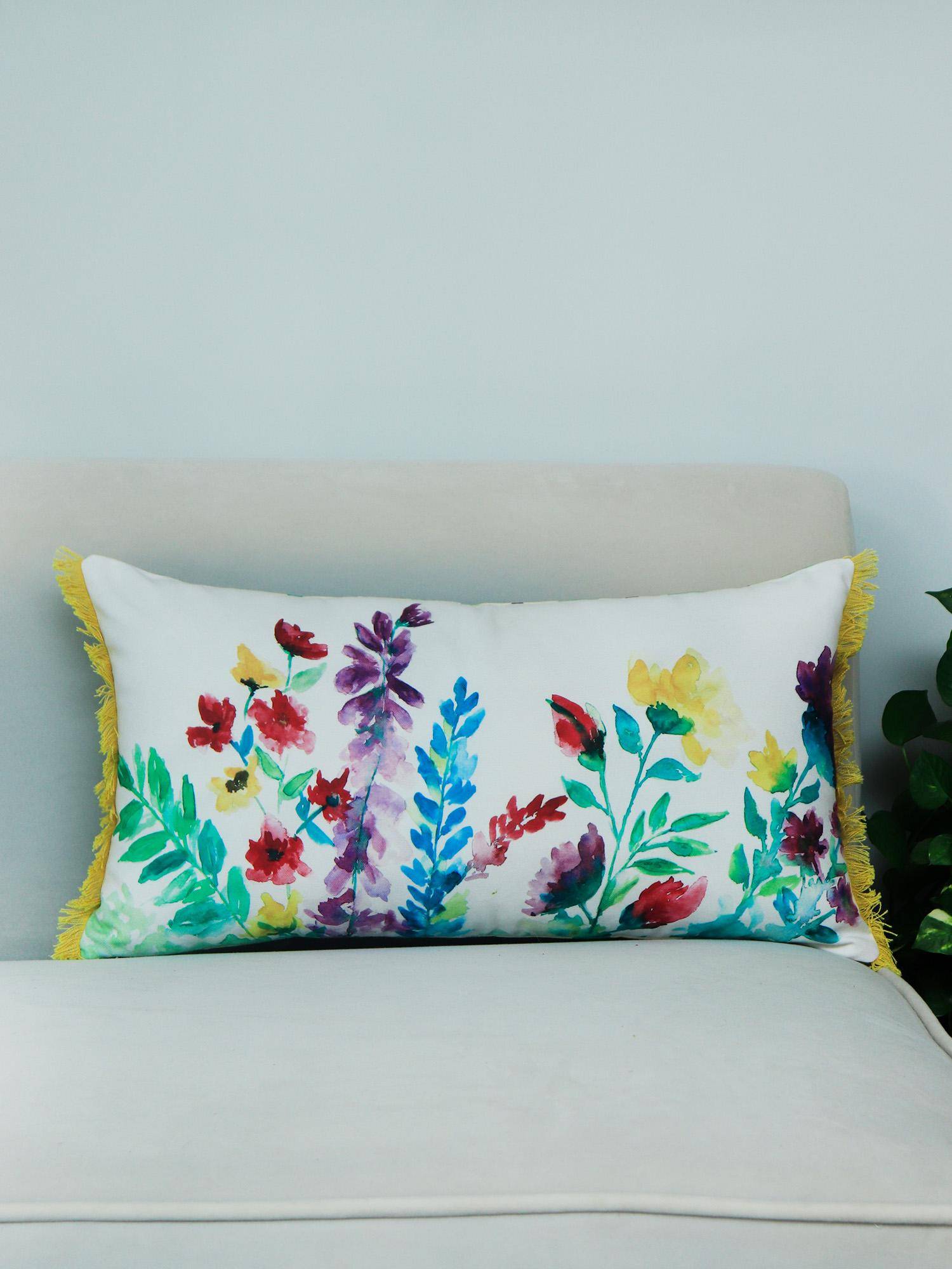 Zeba World White Floral Printed Poly Canvas Cushion Cover (12 x 22 Inches )