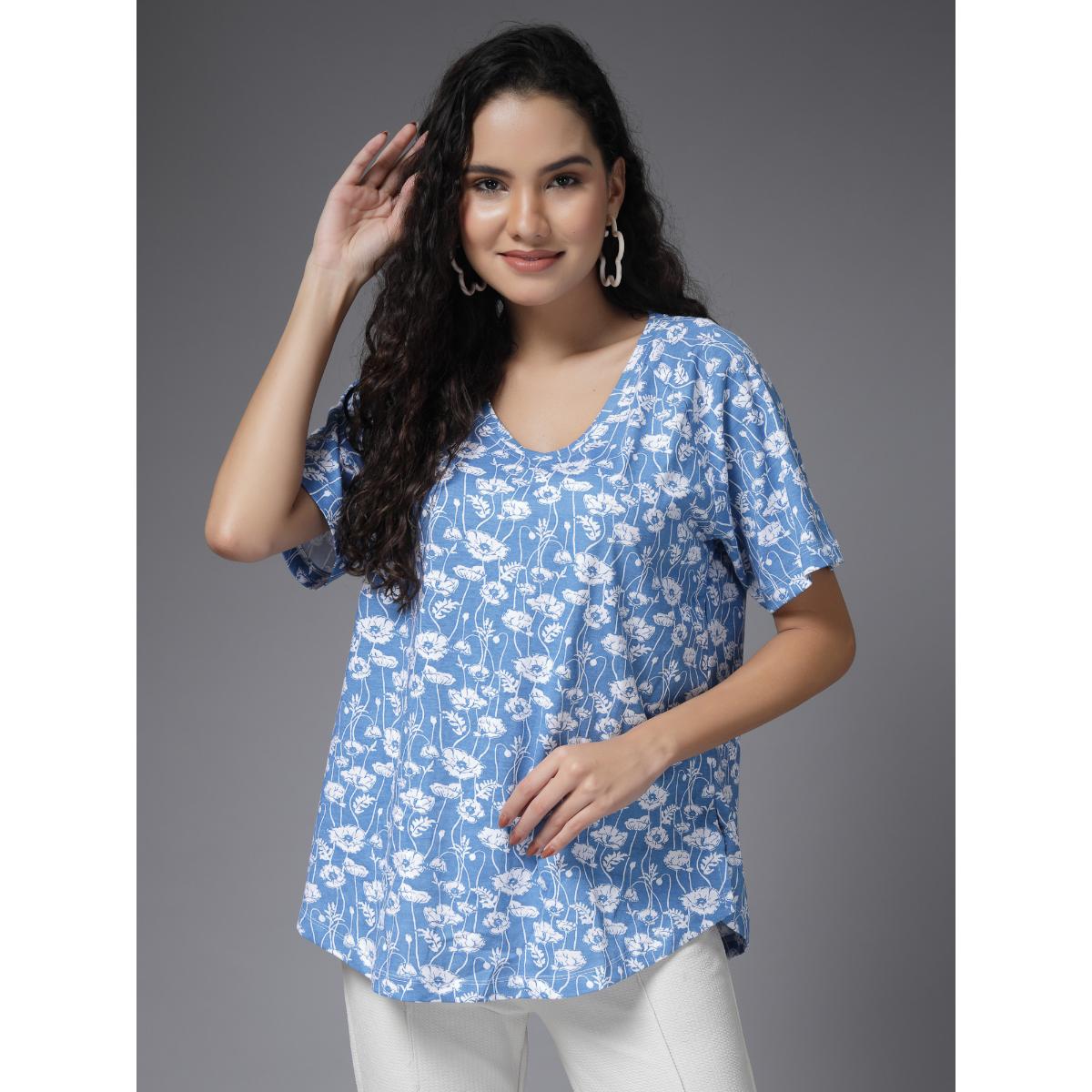 Buy Zelena Women Half Sleeves Cotton Printed Maternity Feeding Top with Zip Blue Online