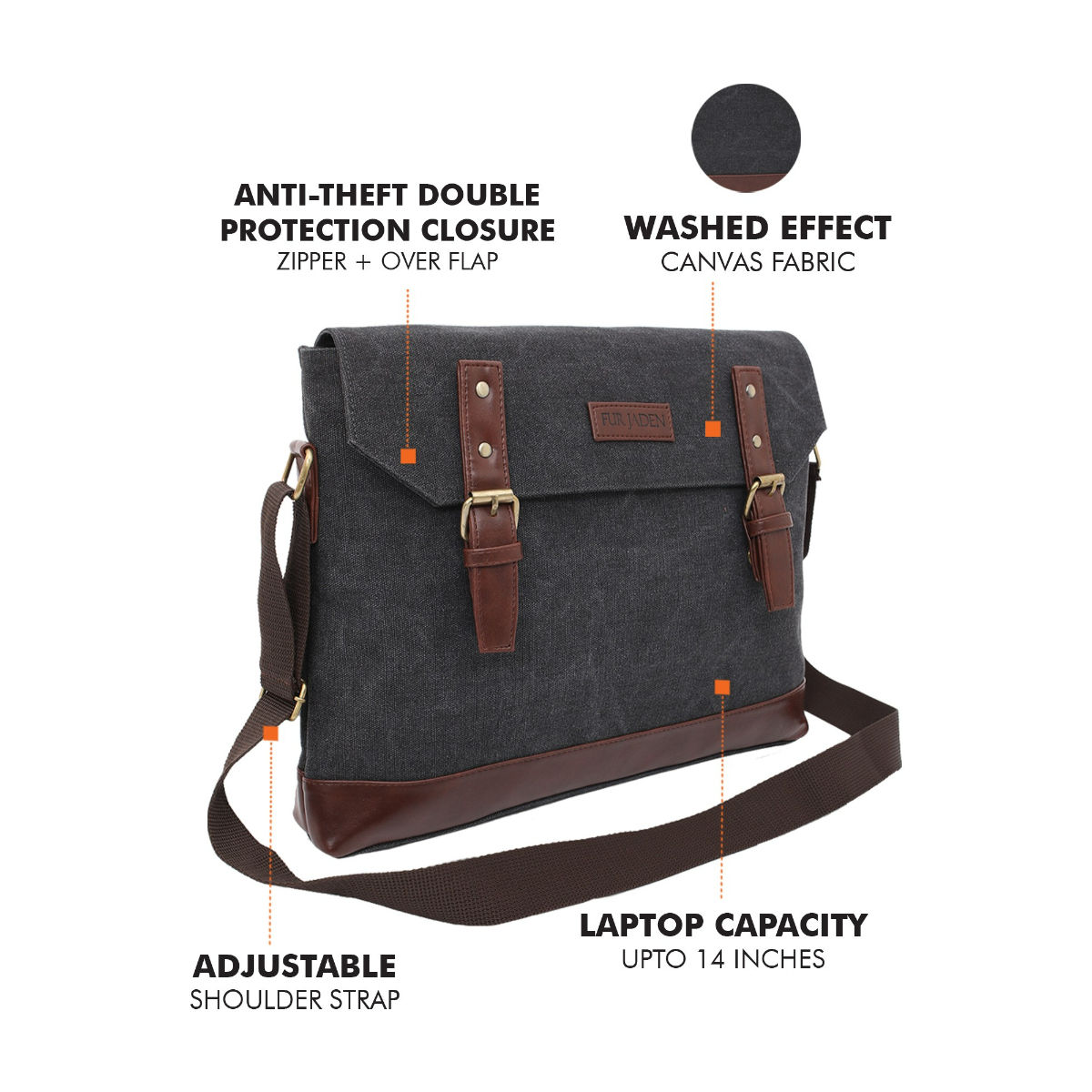 Buy Fur Jaden Black Washed Canvas Laptop Messenger Bag Online