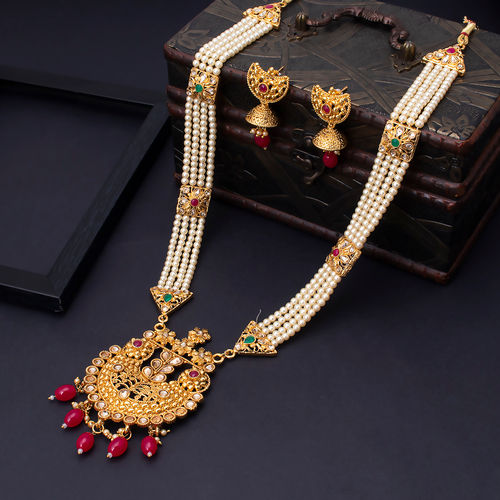 Sukkhi Floral Pearl Gold Plated Wedding Jewellery Long Haram