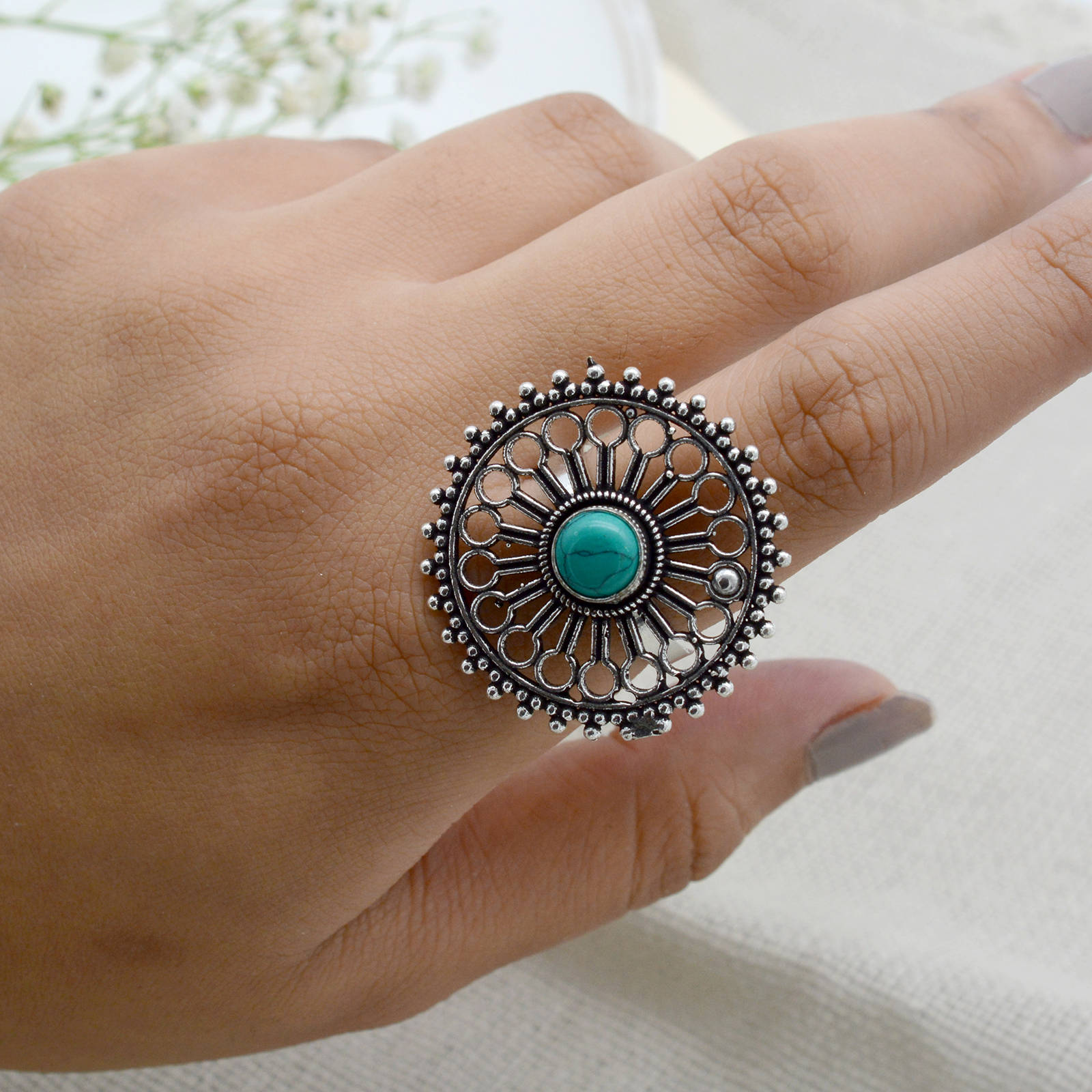 Teejh Aruna Turquoise Silver Oxidized Filigree Ring