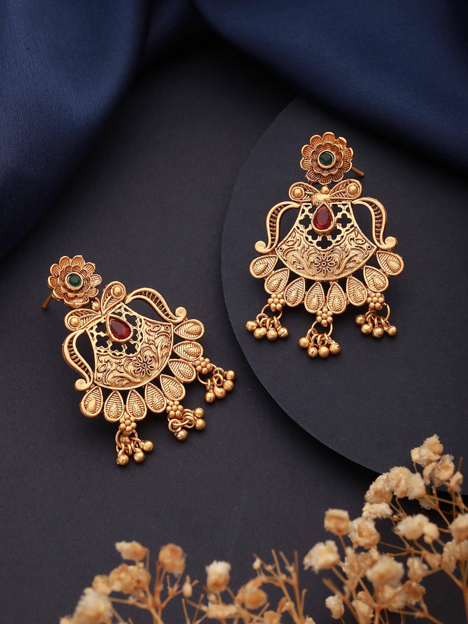 Gahan Gold Plated Multi-Color Stone-Studded & Beaded Drop Earrings
