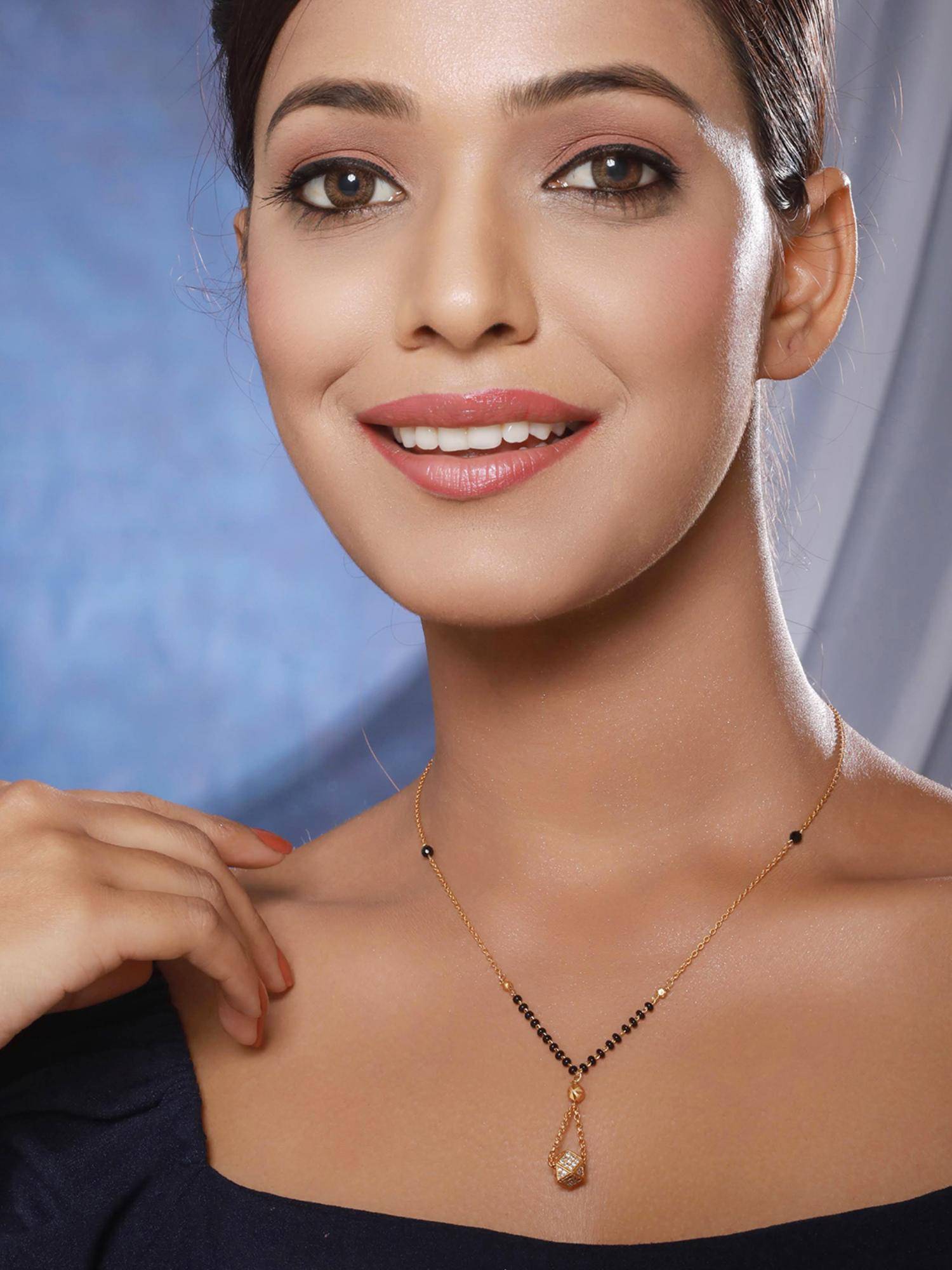 Gahan Gold-Plated Black & White Stone-Studded Beaded Mangalsutra