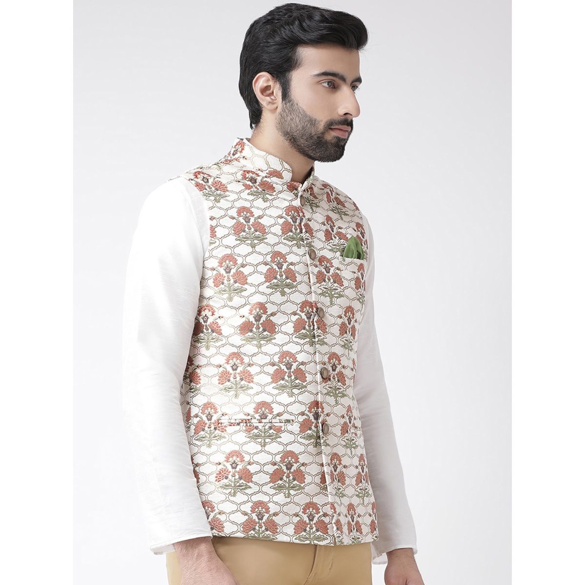 Buy Kisah Beige Printed Nehru Jacket Online