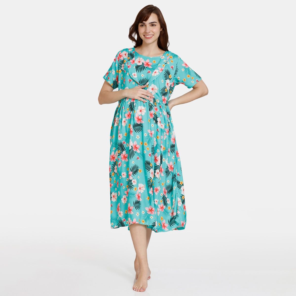 Zivame Coucou Maternity Woven Knee Length Nightdress Discreet Feeding