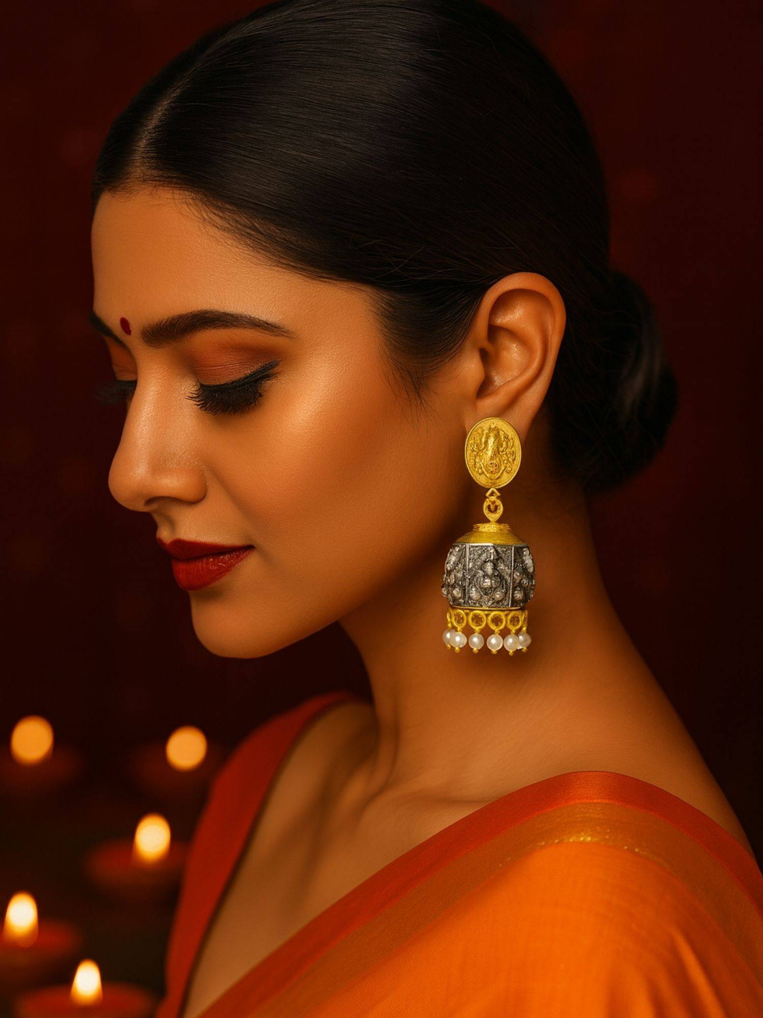 Digital Dress Room Afghani Jhumka White Lord Ganesha Design With Pearl Earring
