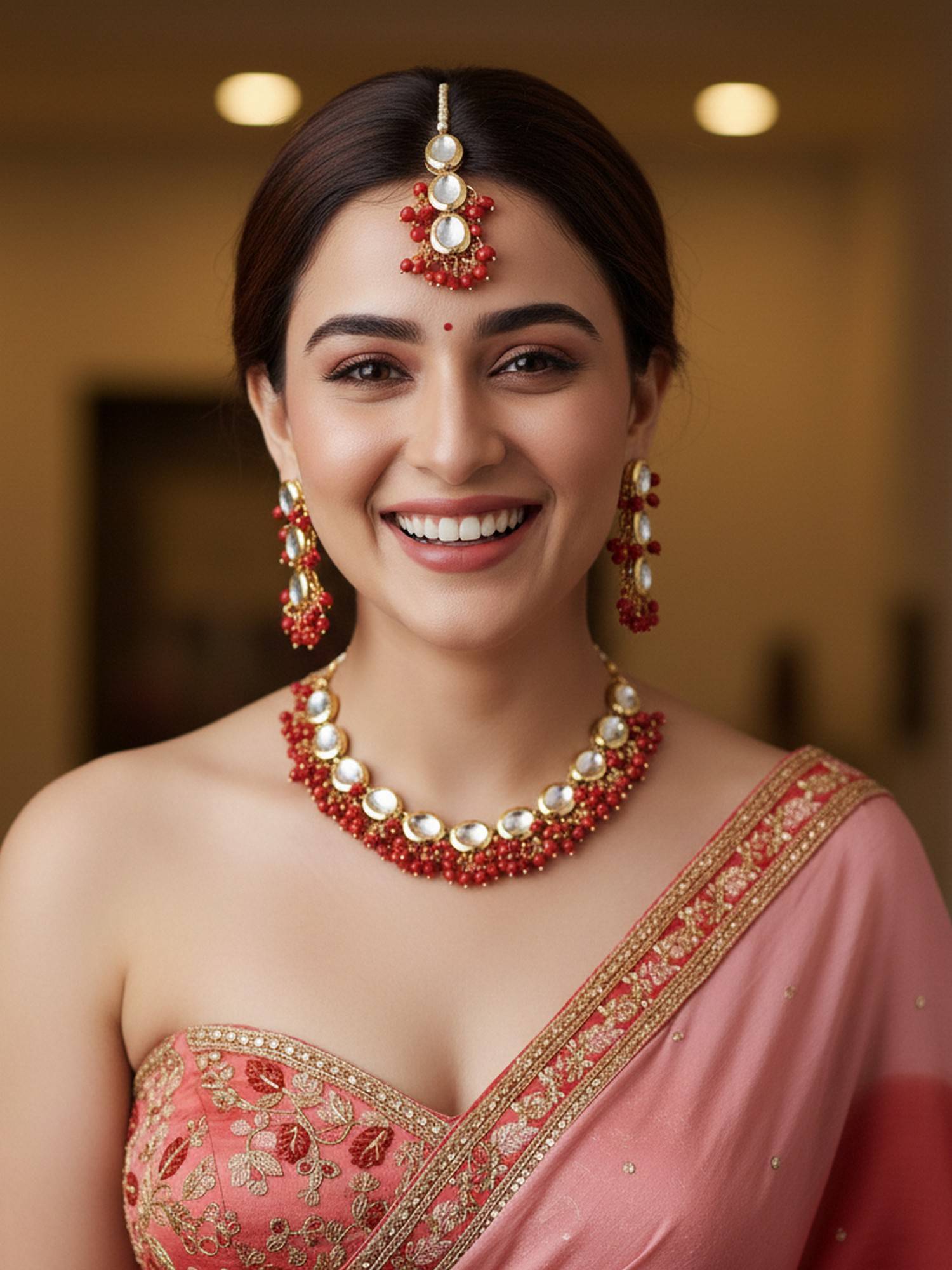 LUCKY JEWELLERY 18k Gold Plating Red Kundan Choker Necklace with Pair of Earrings and Mang Tikka