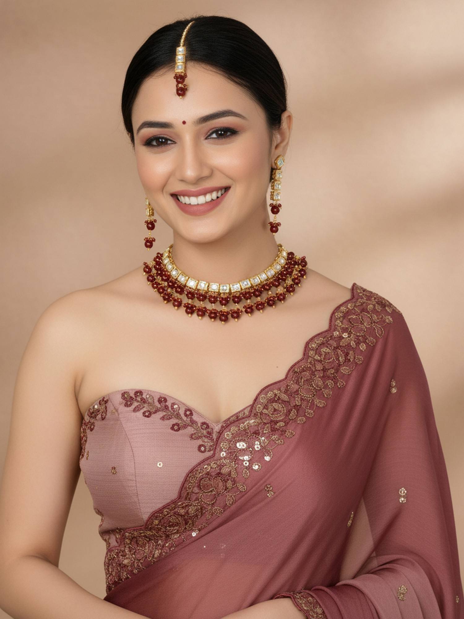 LUCKY JEWELLERY 18k Gold Plating Kundan Maroon Necklace with Pair of Earrings and Mang Tikka