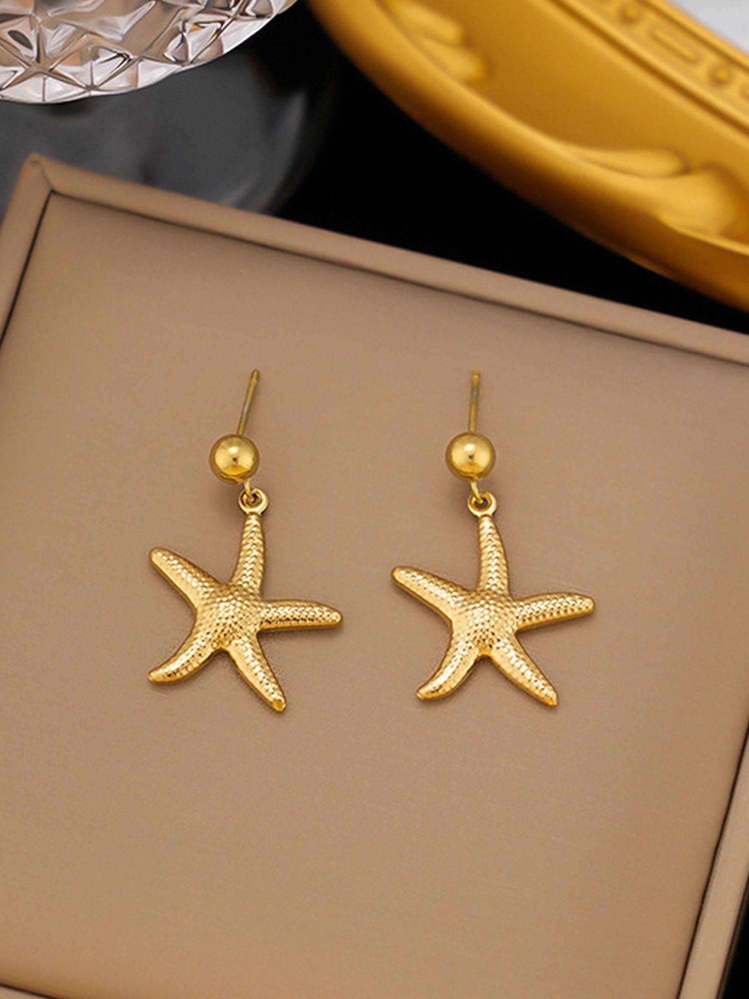 Designs & You Gold Plated Stainless Steel Anti Tarnish Star Themed Drop Earrings