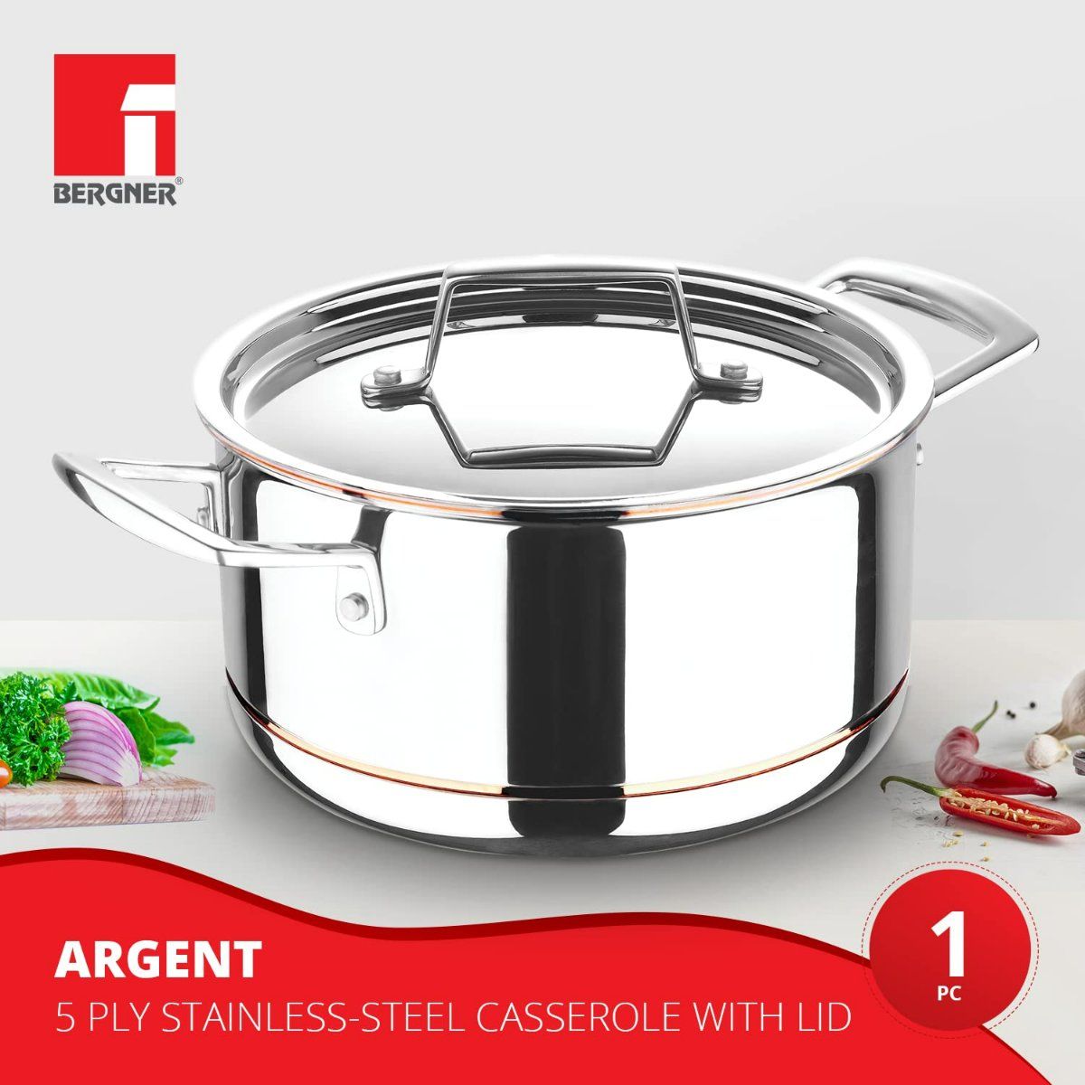 Buy Bergner Argent 5Cx 5-Ply Stainless Steel Casserole-Biryani Pot With ...