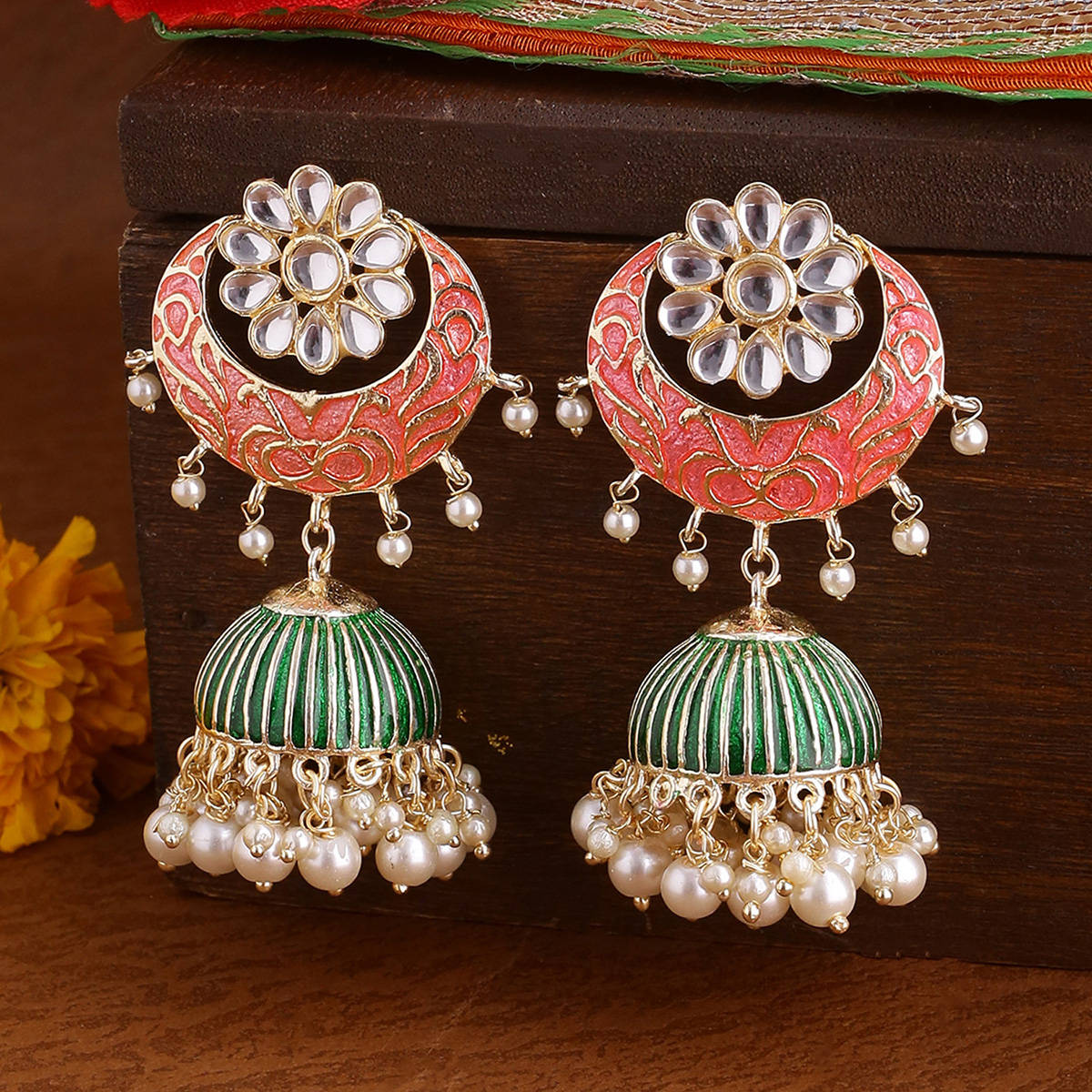 SHOSHAA Pink Green Enamel Gold Tone Jhumki