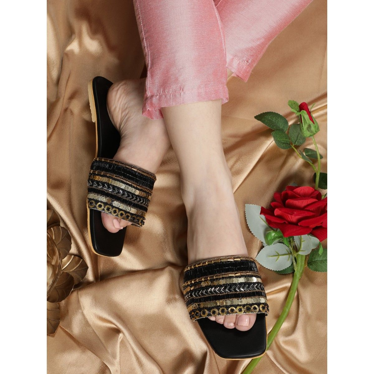 Black embellished sliders hot sale