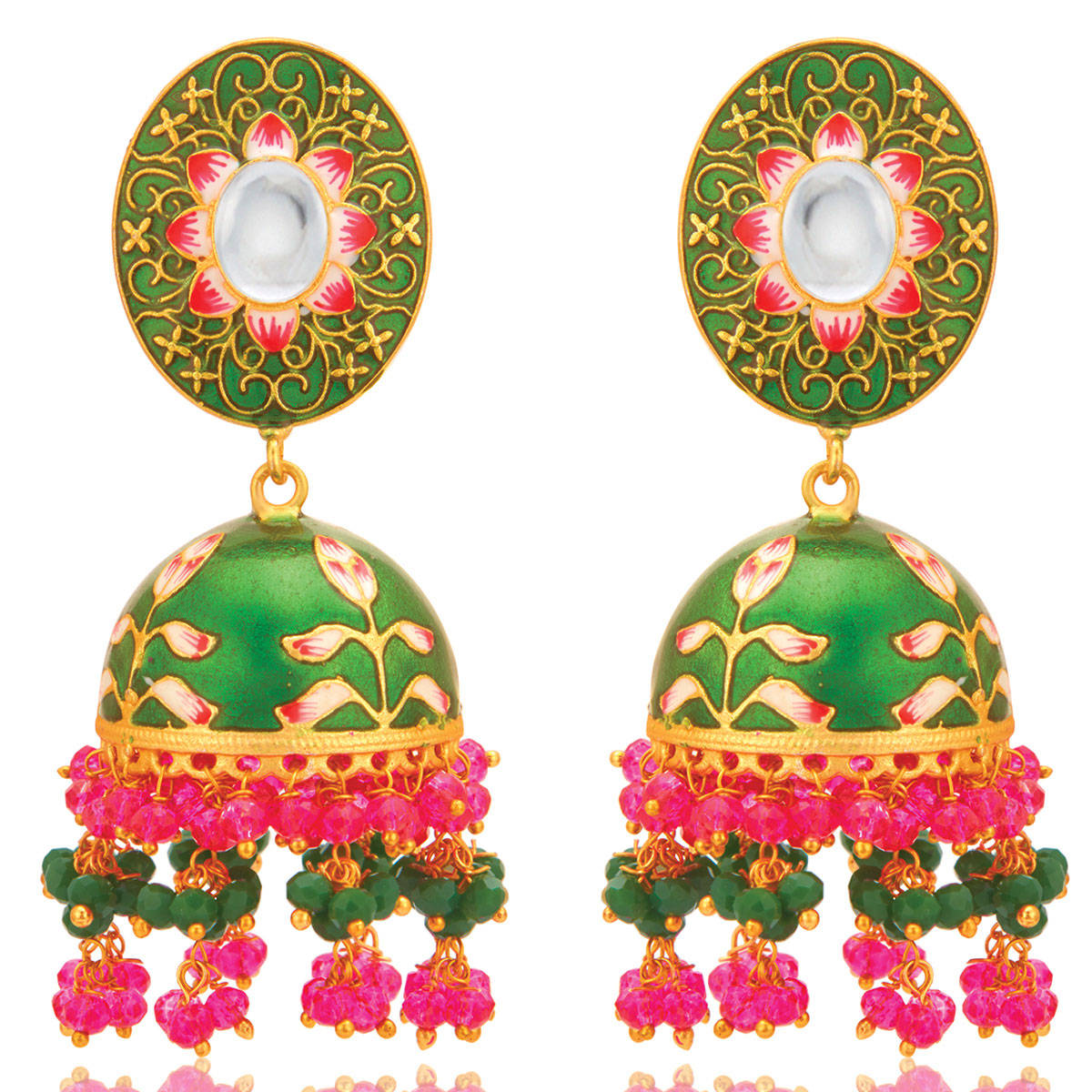 Peora Green Gold Plated Pearl Enamel Meenakari Handcrafted Jhumki Jhumka Earrings (PF66E106G)