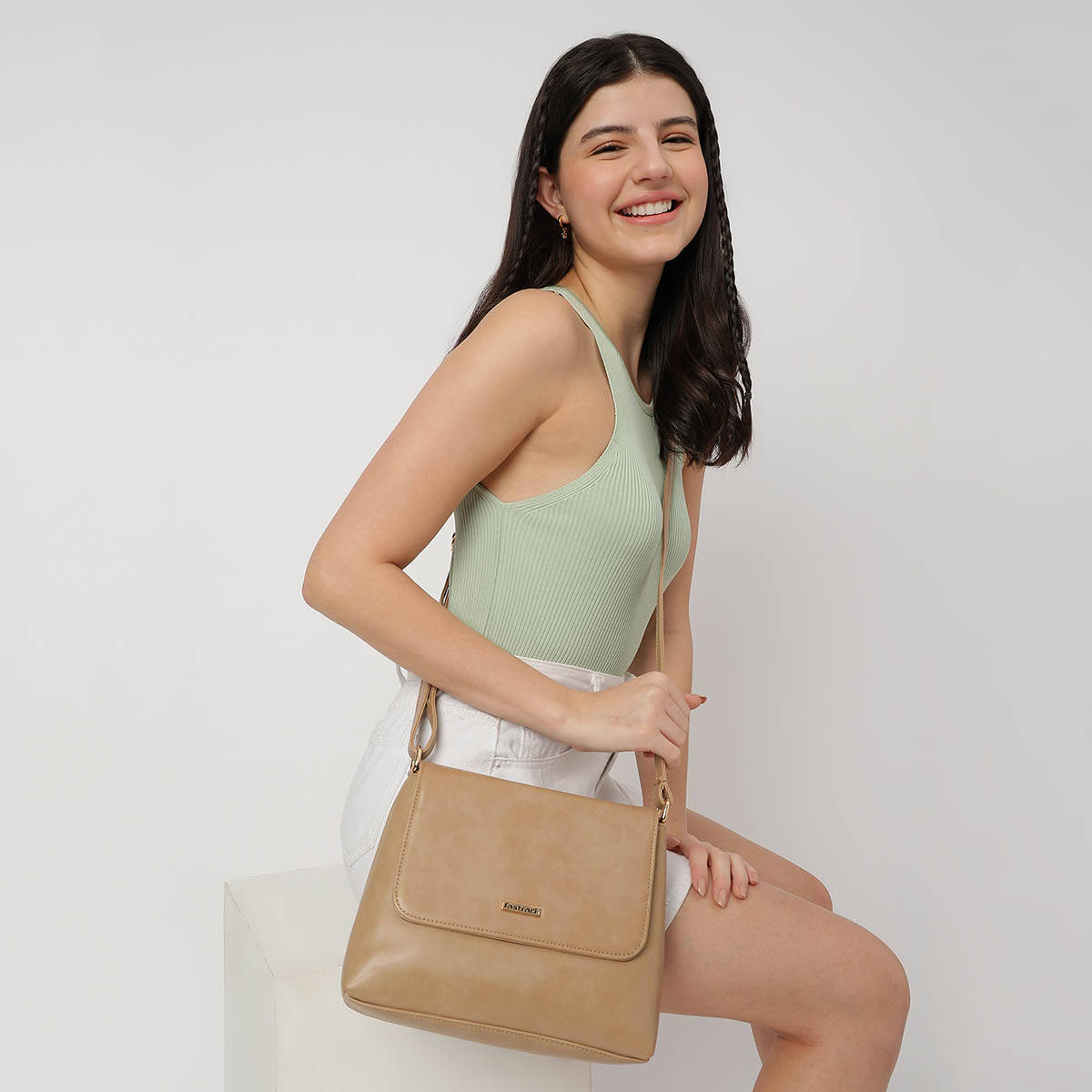 Structured Sling Bag With Button Closure For Women