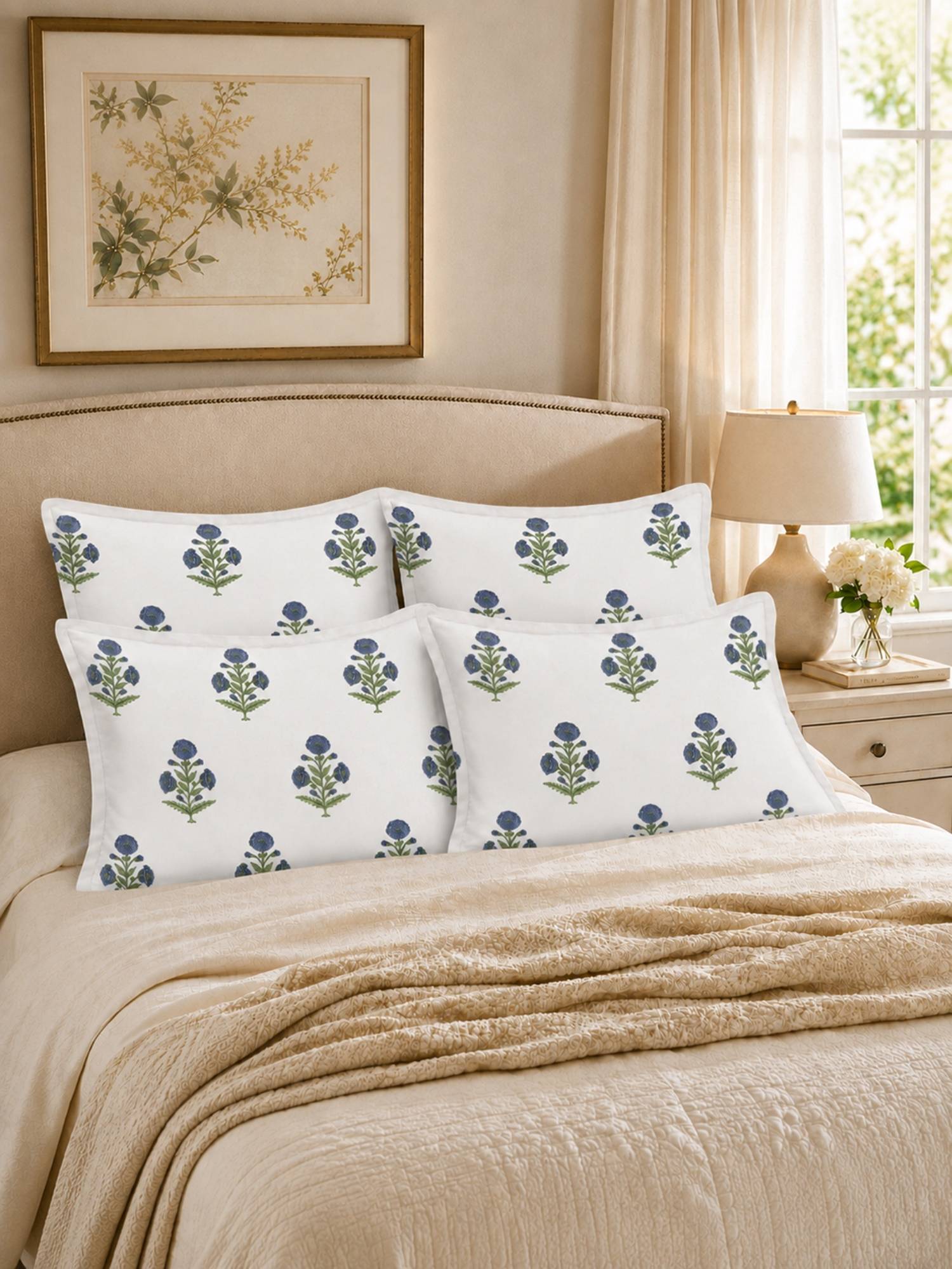 The Home Story 100% Cotton Pillow Covers - White & Navy Blue Indigo Essence (Pack of 4)