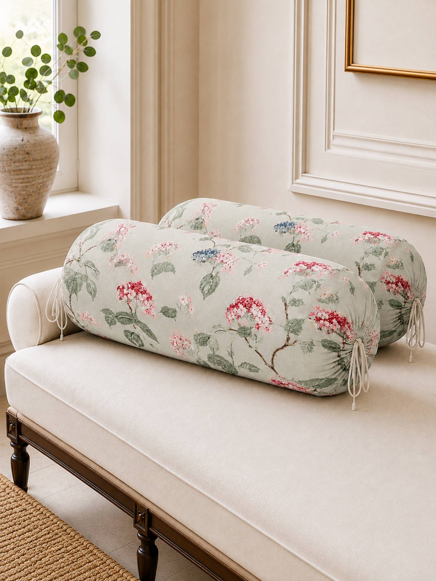 The Home Story Cotton Botanical Sage Round Bolster Cover - Gray (Pack of 2)