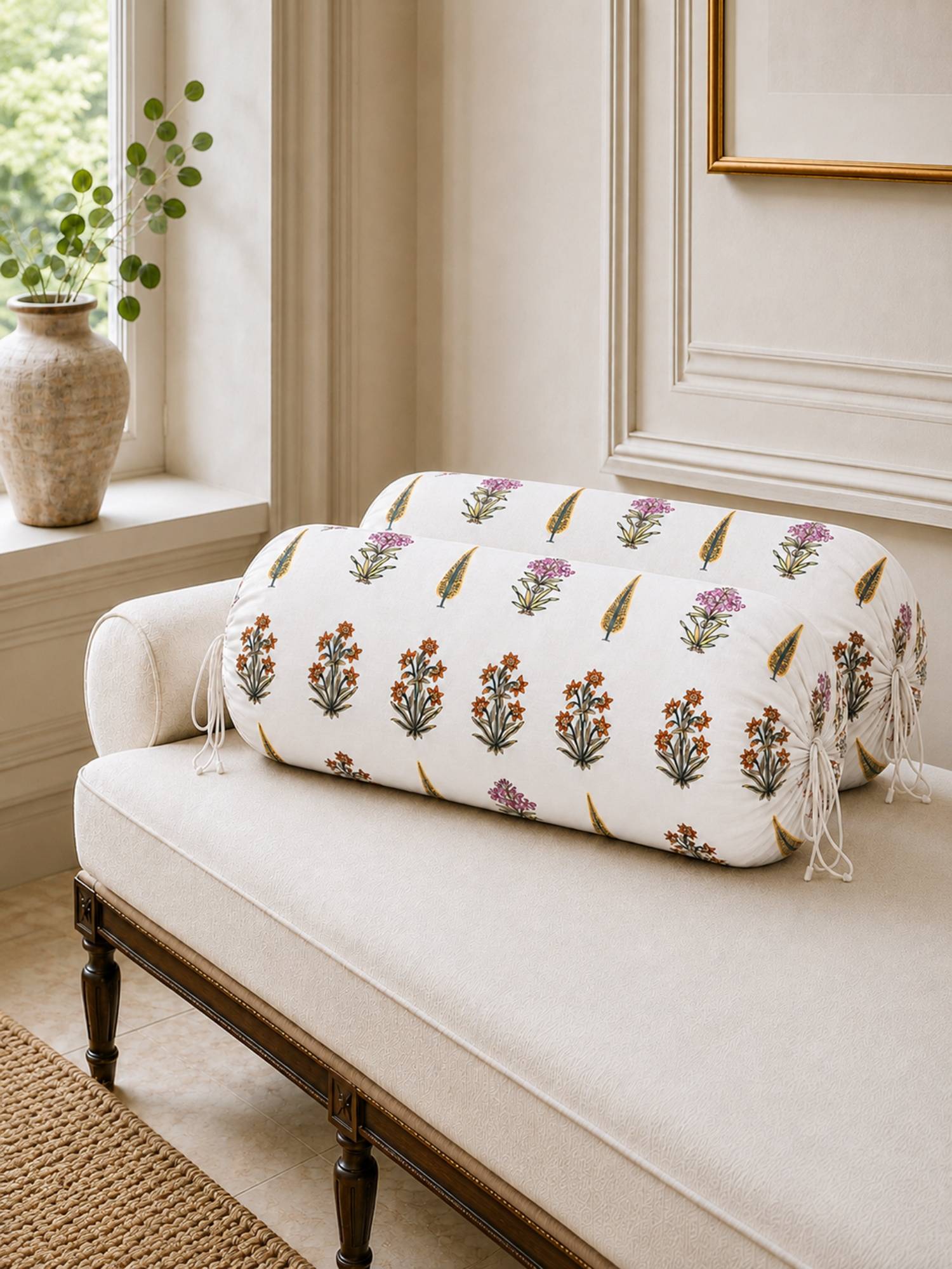 The Home Story Cotton Amber Meadow Round Bolster Cover - White (Pack of 2)