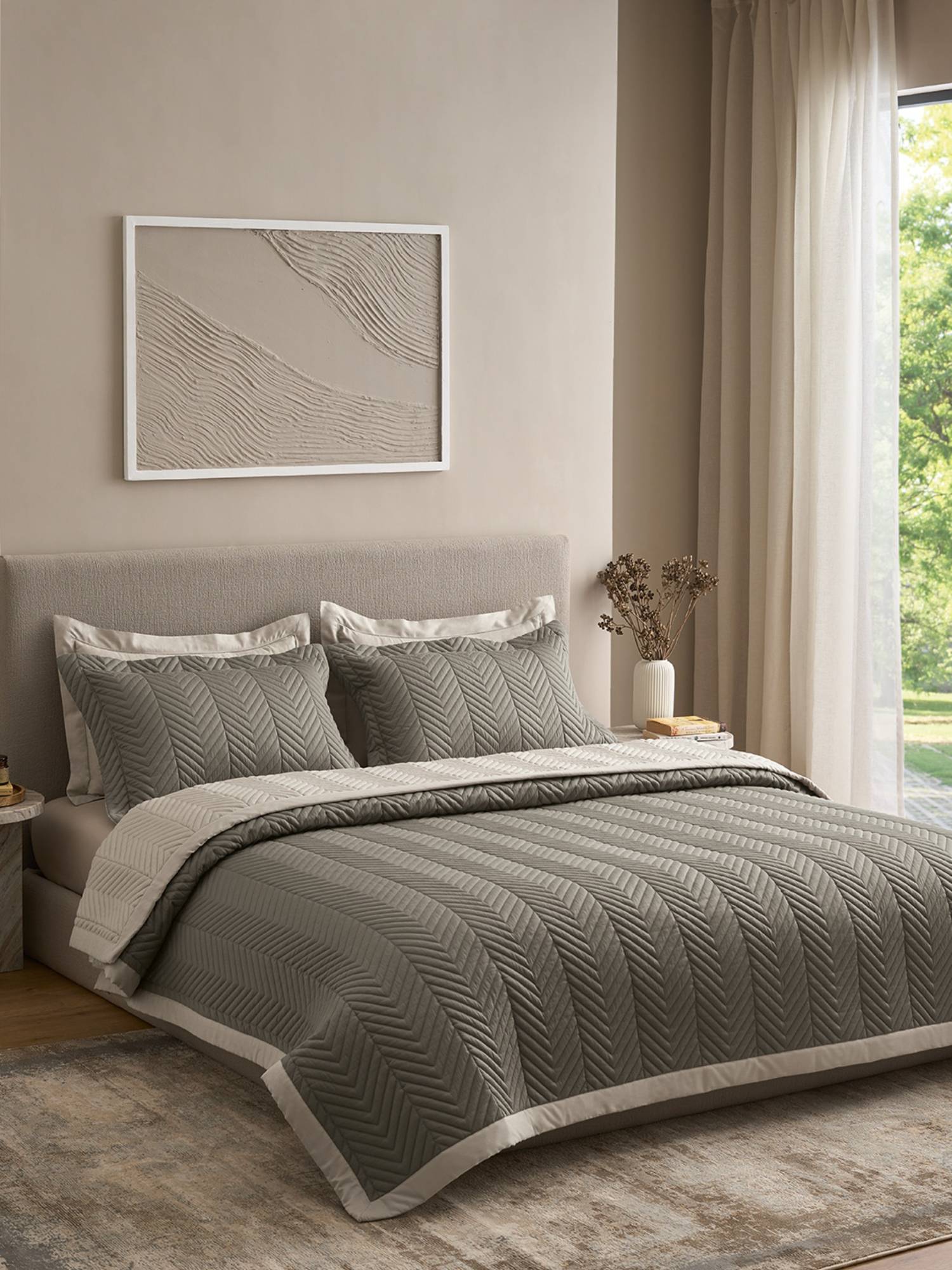 SANSAAR A D'DECOR BRAND LIVE CONSCIOUSLY Beige Double Bedsheet With Pillow Covers (Pack of 3)